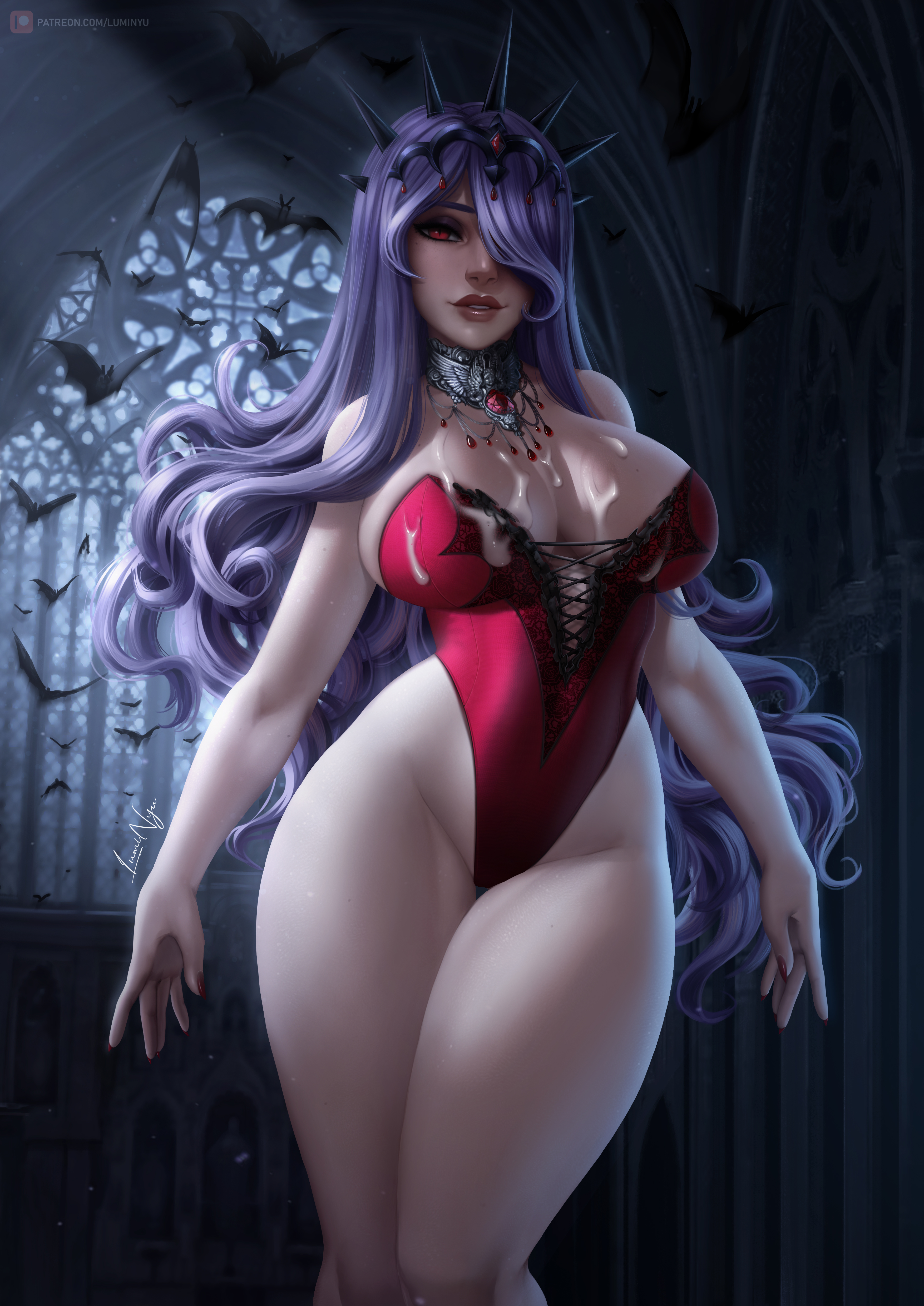 1girls, alternate costume, arms at sides, bare shoulders, bare thighs, bat, bats, big breasts, breasts, camilla (fire emblem), cleavage, commentary, cum, cum between breasts, cum dripping, cum on body, cum on breasts, cum on chest, cum on clothes, cum on upper body, cumshot, curly hair, curvy, elbow gloves, english commentary, female, female only, fire emblem, fire emblem fates, gem, hair ornament, hair over one eye, halloween, halloween costume, hartman hips, highleg, highleg leotard, highres, hips, huge breasts, indoors, large breasts, legs together, leotard, light skin, light-skinned female, lips, long hair, looking at viewer, luminyu, mole, mole on breast, nail polish, nintendo, pale skin, pale-skinned female, parted lips, patreon username, purple hair, red eyes, red leotard, red nails, slim thick, slim waist, smile, solo, standing, strapless, strapless leotard, thick thighs, thigh gap, thighs, thunder thighs, thunderthighs, tiara, vampire, very long hair, video game, video game character, video games, voluptuous, wide hips