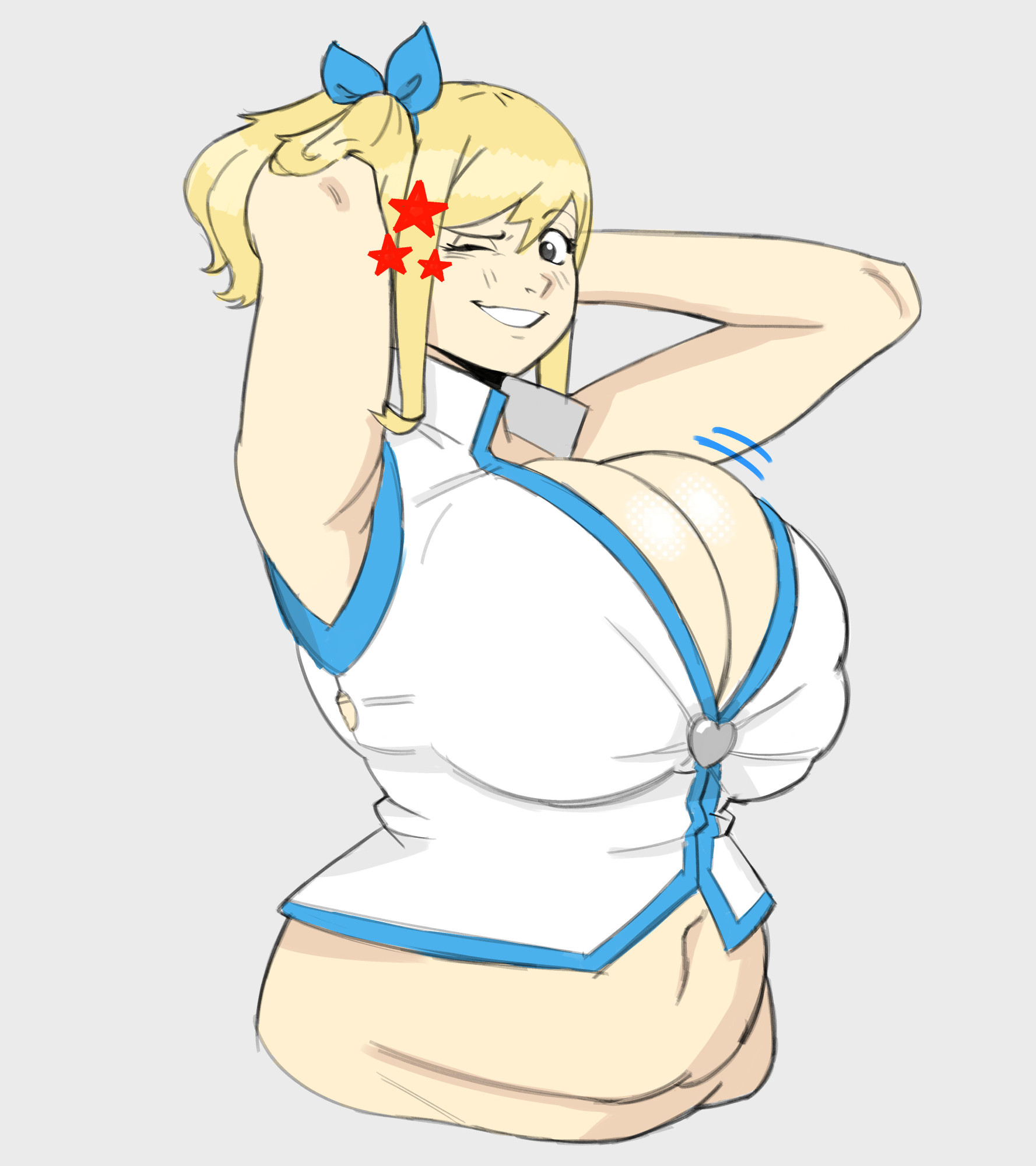 1girls, breasts, bursting breasts, chubby, chubby female, cleavage, fairy tail, female, female only, gigantic breasts, huge breasts, human, large breasts, lucy heartfilia, maphu, revealing clothes, solo, solo female, weight gain