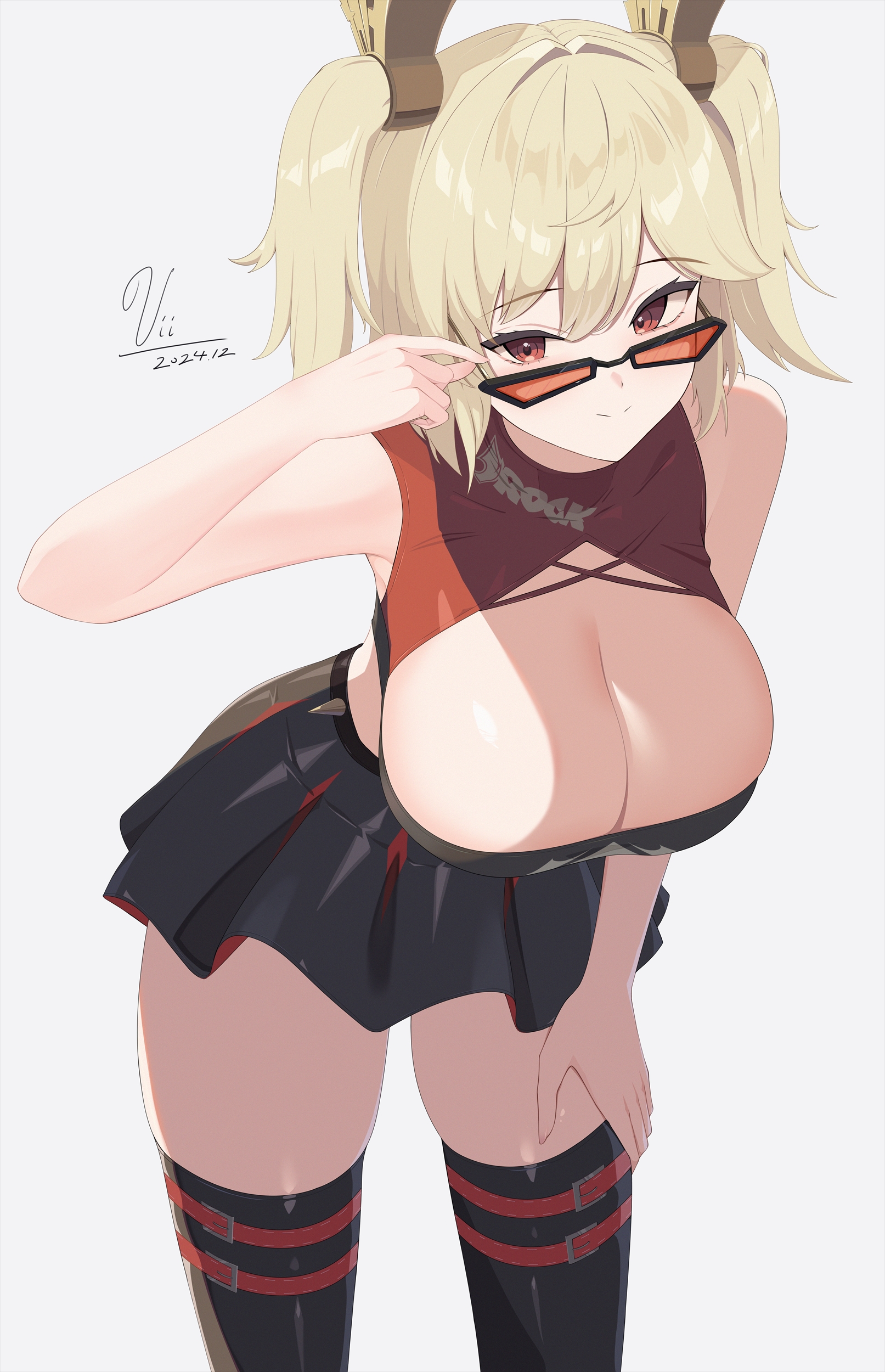 absurdres, adjusting eyewear, belt, black skirt, black thighhighs, blonde hair, breasts, burnice white, cleavage, cleavage cutout, closed mouth, clothing cutout, criss-cross straps, crop top, female, female only, hair ornament, hand on eyewear, highres, large breasts, leaning forward, looking at viewer, looking over eyewear, looking over sunglasses, miniskirt, multiple belts, red eyes, red-tinted eyewear, short twintails, simple background, skindentation, skirt, smile, solo, sunglasses, thighhighs, thighs, tinted eyewear, twintails, vii22581034, zenless zone zero, zettai ryouiki