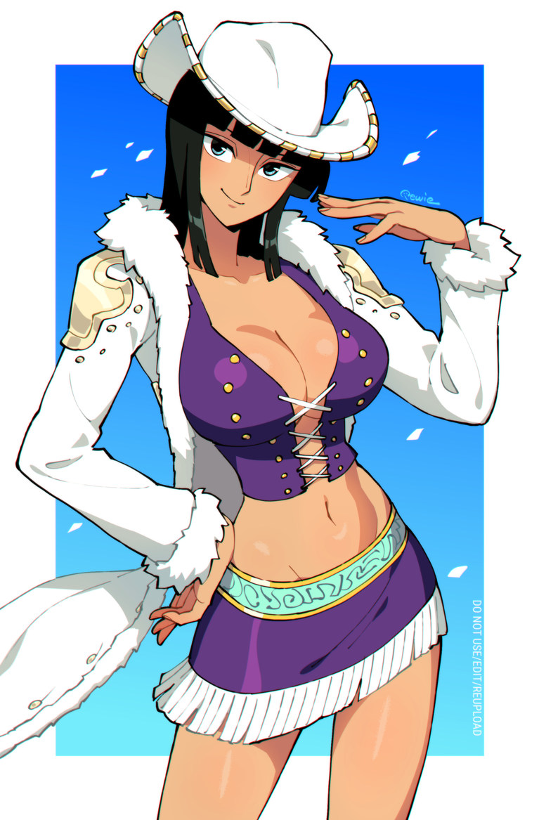 1girls, 333 (dqqqdle), black hair, black-haired female, breasts, cleavage, contrapposto, cowboy hat, cowboy shot, cross-laced clothes, cross-laced top, female, female only, hat, jacket, large breasts, looking at viewer, medium hair, midriff, miniskirt, miss all sunday, navel, nico robin, one piece, pre-timeskip, purple shirt, purple skirt, shirt, skirt, smile, solo, white hat, white jacket