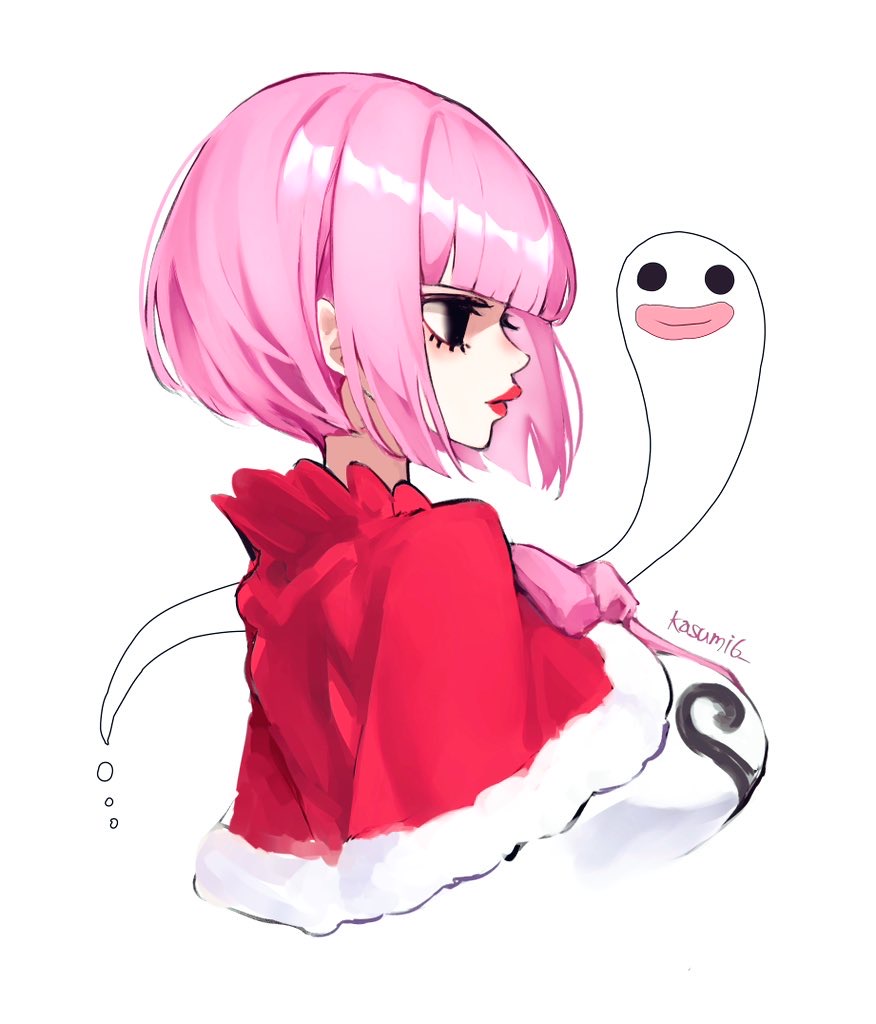 1girls, alternate hair length, alternate hairstyle, artist name, big breasts, black eyes, blunt bangs, bob cut, breasts, capelet, closed mouth, clothing, commentary, commentary request, eyelashes, female, female only, ghost, highres, kasumi 6, kasumi6, large breasts, lips, looking ahead, one piece, perona, pink hair, pink-haired female, red capelet, shirt, short hair, sidelocks, signature, simple background, solo, upper body, white background, white shirt