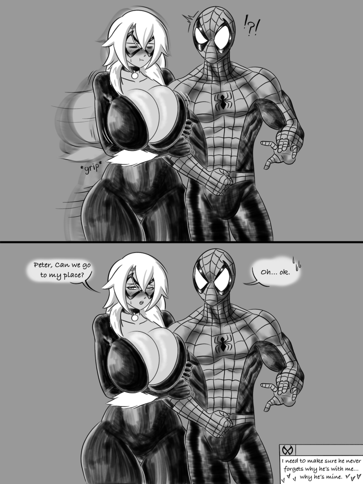 1boy, 1boy1girl, 1girls, big ass, big breasts, black cat (marvel), bodysuit, breasts, breasts bigger than head, bursting breasts, bust, busty, chest, couple, couple (romantic), couples, curvaceous, curvy, curvy figure, digital media (artwork), duo, enormous breasts, felicia hardy, female, gigantic breasts, hips, hourglass figure, huge ass, huge breasts, large ass, large breasts, legs, light skin, light-skinned female, light-skinned male, male, male/female, marvel, marvel comics, massive breasts, mature, mature female, mature male, noirsun00, peter parker, romantic, romantic couple, skin tight, slim waist, spider-man, spider-man (series), straight, superhero, superhero couple, superheroine, thick, thick hips, thick legs, thick thighs, thighs, tight clothes, tight clothing, voluptuous, voluptuous female, waist, white hair