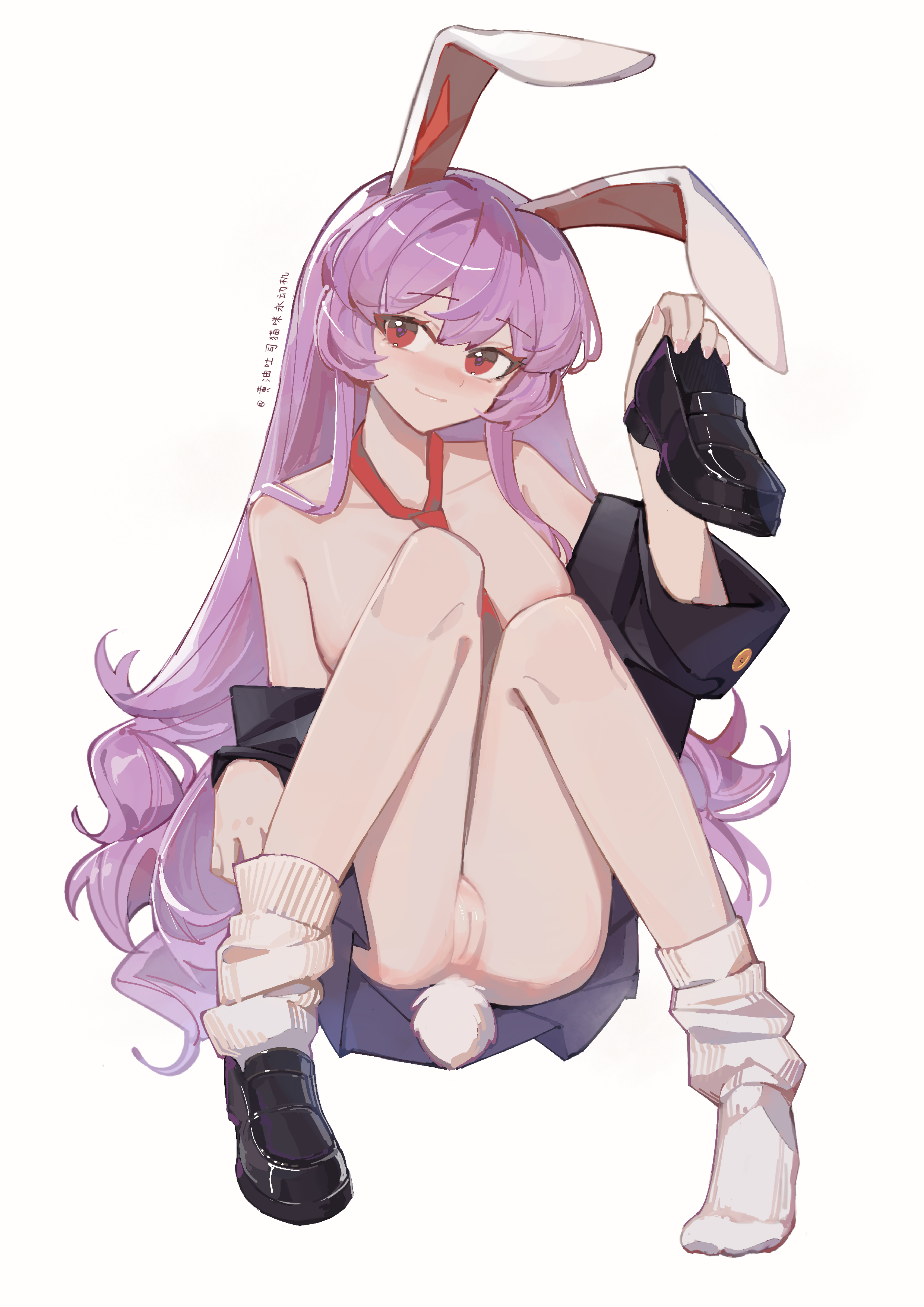 absurdres, animal ears, bilibili username, black jacket, black shoes, black skirt, chinese commentary, closed mouth, collared shirt, commentary request, female, full body, highres, holding, holding shoes, holding unworn clothes, huangyou, jacket, loafers, long hair, long sleeves, looking at viewer, necktie, nude, pleated skirt, purple hair, pussy, rabbit ears, rabbit girl, rabbit tail, red eyes, red necktie, reisen udongein inaba, shirt, shoes, single shoe, skirt, socks, solo, tail, thighs, touhou, unworn shoes, upskirt, very long hair, white background, white socks