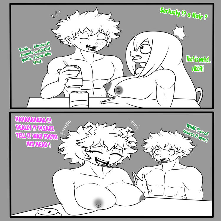 1boy, 2girls, black and white, breasts, completely nude, female, izuku midoriya, male, mina ashido, my hero academia, nude, soulyagami64, tsuyu asui