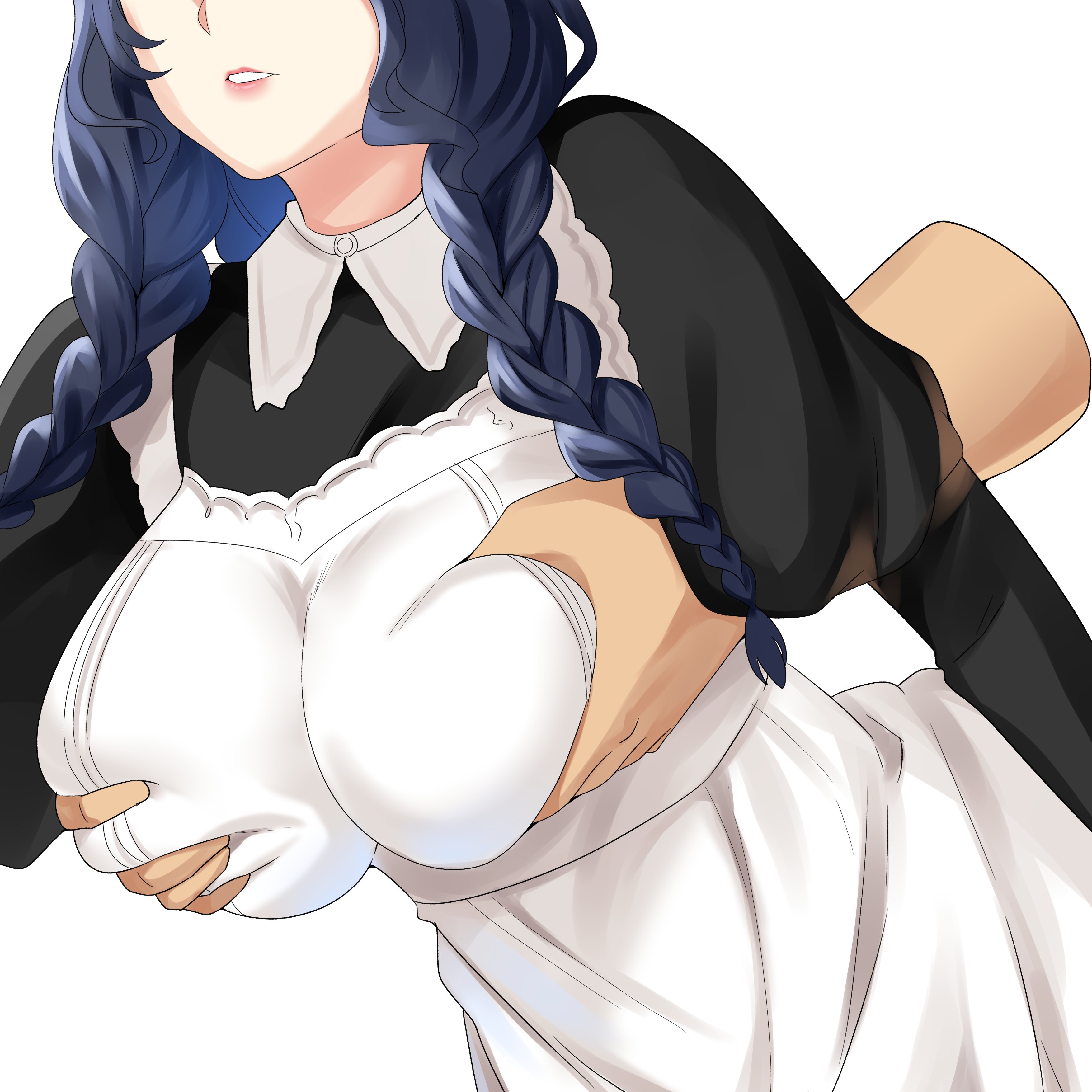 1boy, 1girls, apron, black shirt, black skirt, blue hair, braid, breasts, clenched teeth, disembodied hand, female, grabbing, grabbing from behind, hi res, hololive, hololive english, hololive english -council-, hololive english -promise-, huge breasts, kuroe prime, long hair, long skirt, maid, maid apron, maid headdress, male, official alternate costume, ouro kronii, ouro kronii (maid), puffy sleeves, simple background, straight, teeth, virtual youtuber, white background