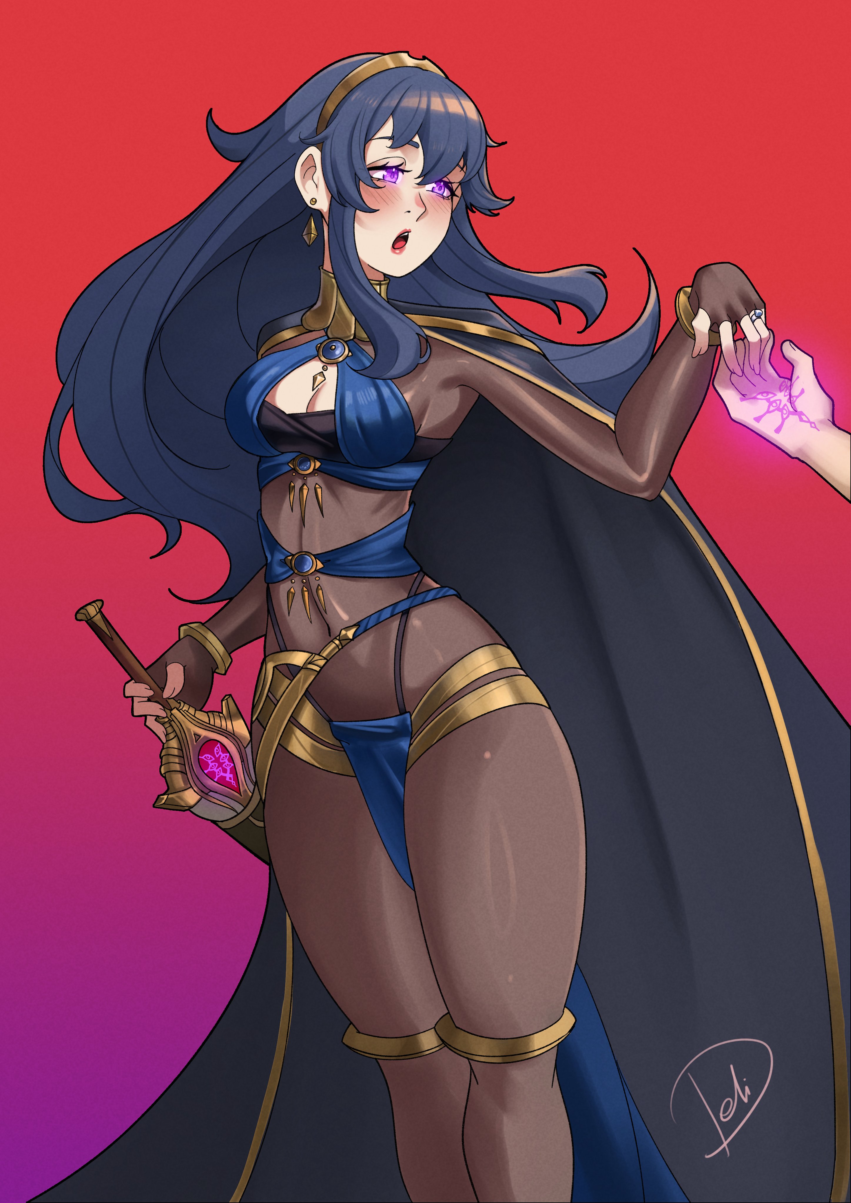 1boy, 1girls, absurdres, alternate costume, aura, black bodystocking, blue cape, blue hair, blush, bodystocking, bracelet, brainwashing, brand of the defile, breasts, bridal gauntlets, bridal legwear, cape, cleavage, corruption, cosplay, dancer, dark aura, deliciousbrain, dorothea arnault (plegian) (cosplay), falchion (fire emblem), female, fire emblem, fire emblem awakening, fire emblem heroes, gold collar, hair between eyes, harem outfit, highres, jewelry, long hair, lucina (fire emblem), male, medium breasts, mind control, nintendo, open mouth, pantyhose, pelvic curtain, purple eyes, robin (fire emblem) (male), sheath, sheathed, solo focus, sword, thigh ring, tiara, weapon