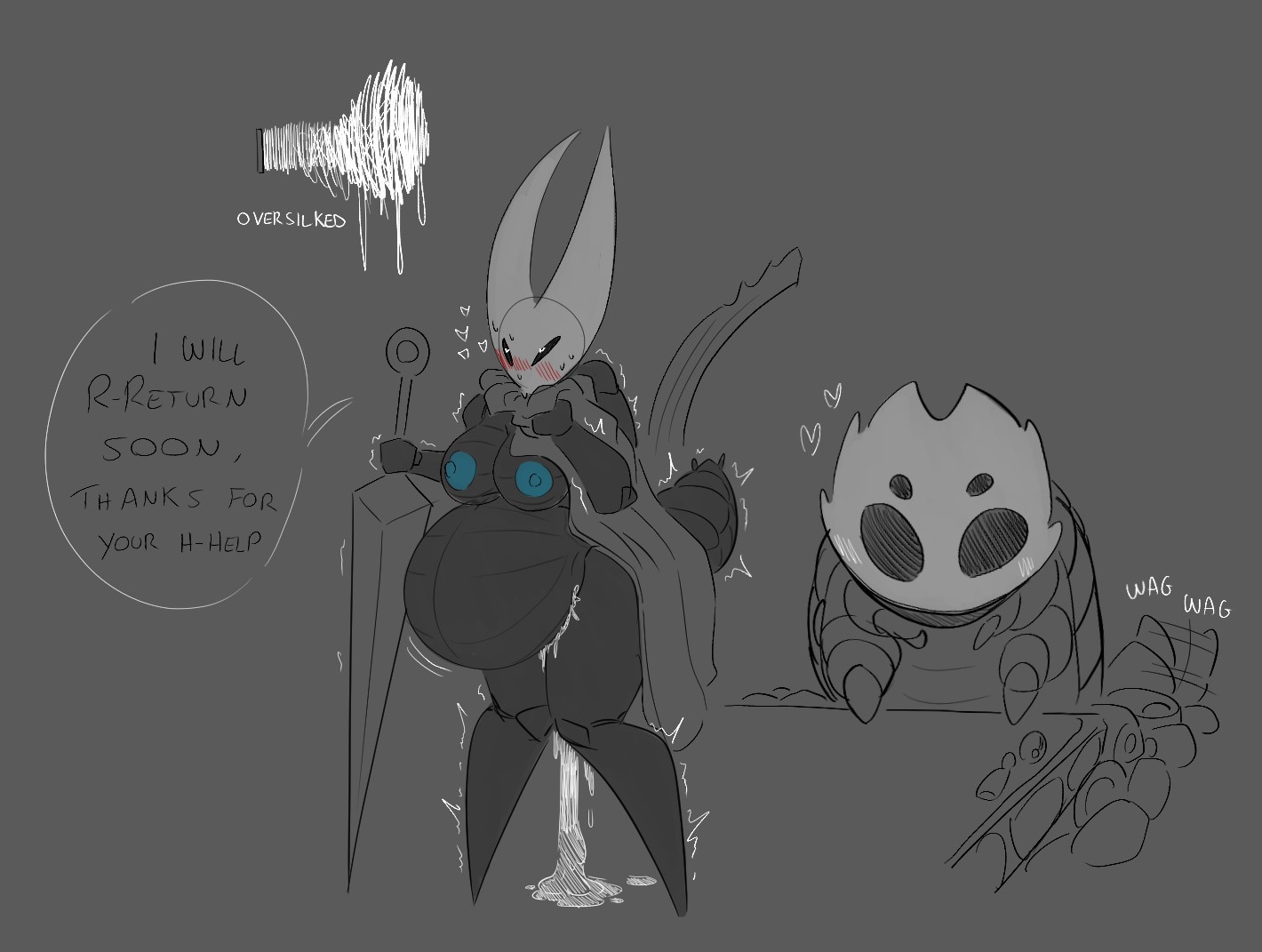 1boy, 1girls, 2 horns, alternate body type, alternate breast size, ananonimusidiot, arthropod, artist name, bell beast, big ass, big breasts, big butt, black body, black skin, breasts, bubble ass, bubble butt, bug, bug girl, female, hollow knight, hollow knight: silksong, hornet (hollow knight), large ass, large breasts, large butt, male, silksong, size difference, team cherry, teschio n3r0