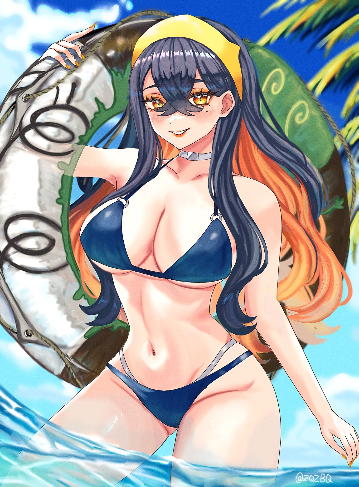 1girls, alternate costume, bare shoulders, bikini, black hair, blue bikini, blue sky, blush, breasts, carmine (pokemon), choker, cleavage, cloud, collarbone, colored inner hair, crossed bangs, eyelashes, female, female only, game freak, hair between eyes, hairband, highres, holding, holding swim ring, innertube, large breasts, long hair, looking at viewer, mole, mole under eye, multicolored hair, navel, nintendo, outdoors, palm tree, parted lips, pokemon, pokemon sv, pokemon sv teal mask, red hair, sky, smile, stomach, swim ring, swimsuit, tree, two-tone hair, water, white choker, yellow eyes, yellow hairband, zqzbq
