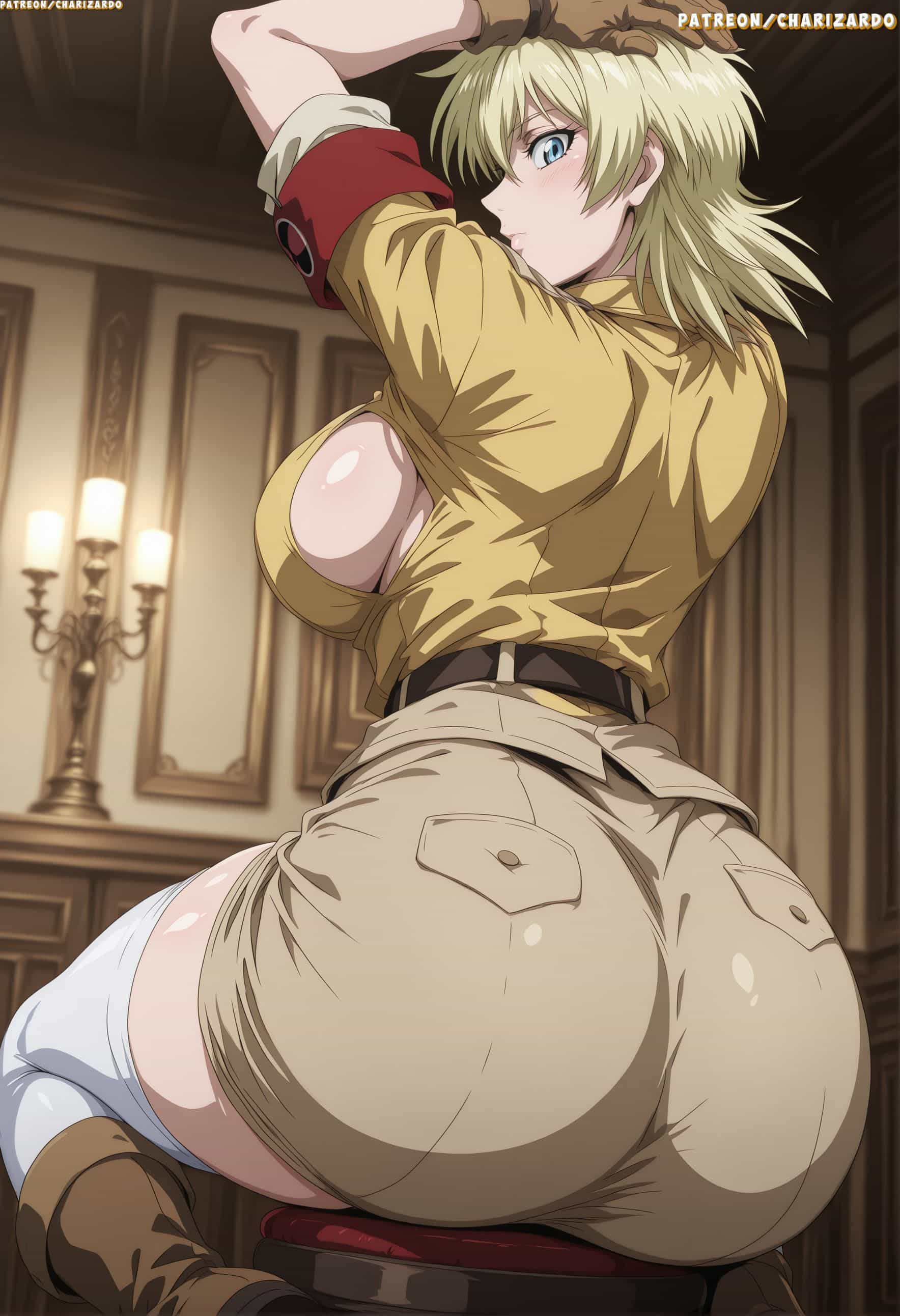 ai generated, big ass, big breasts, big butt, blonde hair, blue eyes, breasts, british female, charizardo, european, european female, female, hellsing, pale-skinned female, seras victoria, short hair, shorts, vampire, vampire girl