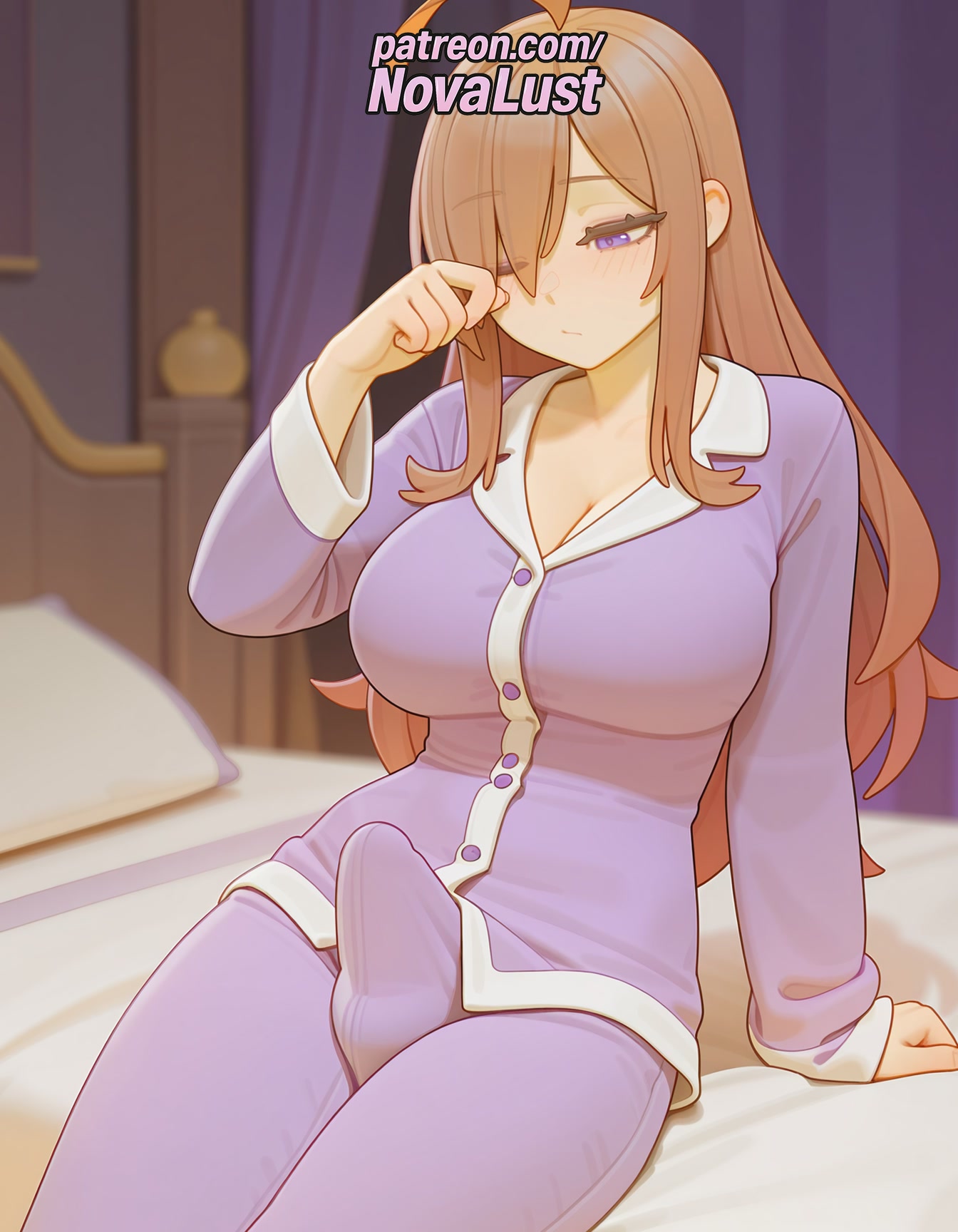 1futa, 2025, ai generated, arm support, artist name, balls, bed, big breasts, big chest, blurry, blurry background, blurry foreground, breasts, bulge, bust, busty, chest, cleavage, cock, curtains, dick, erection, futanari, hair over one eye, hi res, high quality, high resolution, highres, indoors, intersex, kono subarashii sekai ni shukufuku wo!, large breasts, long hair, long sleeves, mole under eye, novalust, on bed, pajamas, patreon, patreon username, penis, purple eyes, sitting, solo, stable diffusion, testicles, watermark, wiz (konosuba)