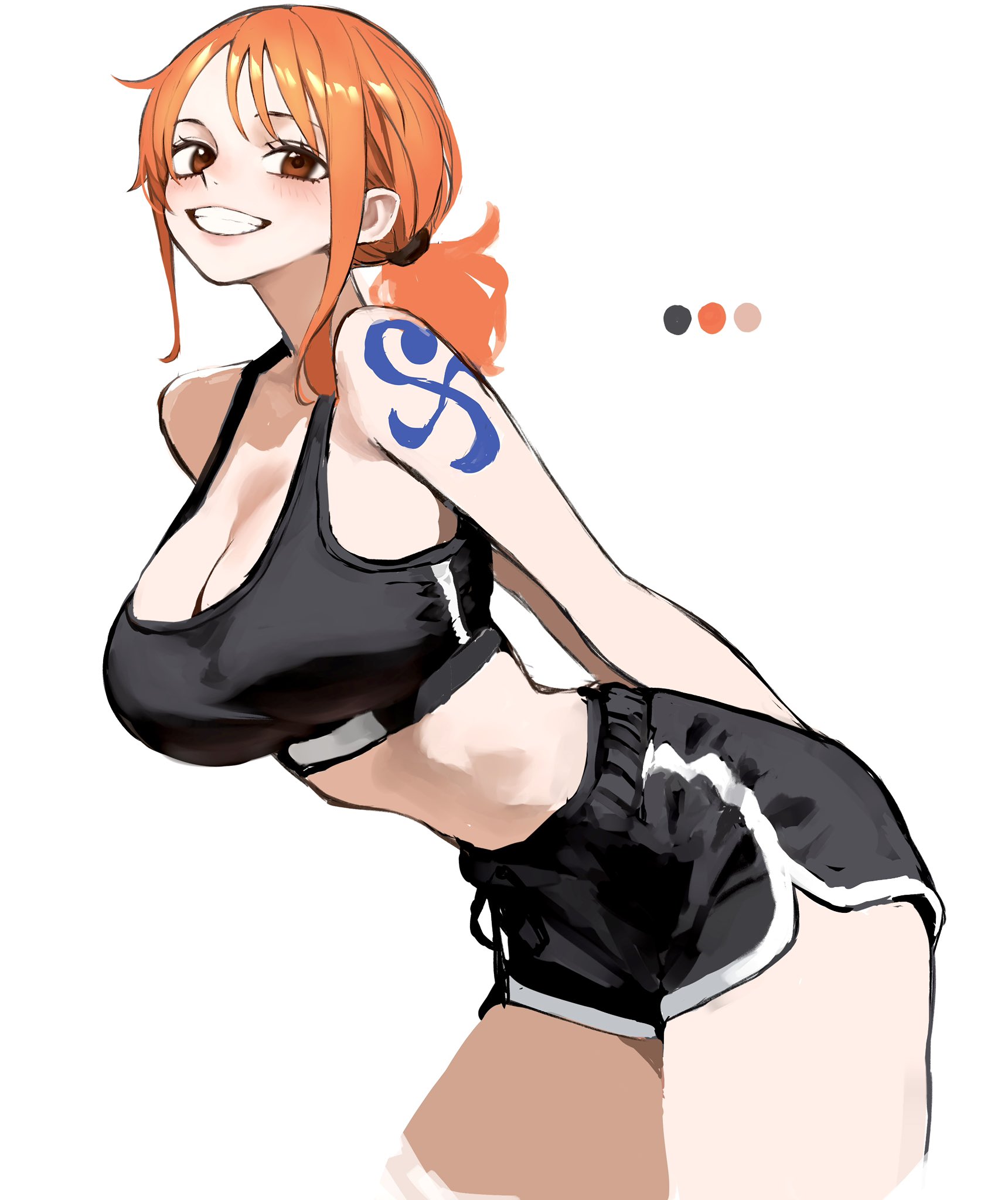 1girls, alternate costume, arm tattoo, arms behind back, bare shoulders, black shorts, black sports bra, blue tattoo, blush, breasts, brown eyes, cleavage, clothing, commentary, cowboy shot, dolphin shorts, english commentary, female, female only, grin, highres, kasumi 6, kasumi6, large breasts, leaning forward, looking at viewer, low ponytail, medium hair, midriff, nami (one piece), one piece, orange hair, orange-haired female, ponytail, shorts, shoulder tattoo, sidelocks, simple background, smile, solo, sports bra, tattoo, teeth, thighs, white background