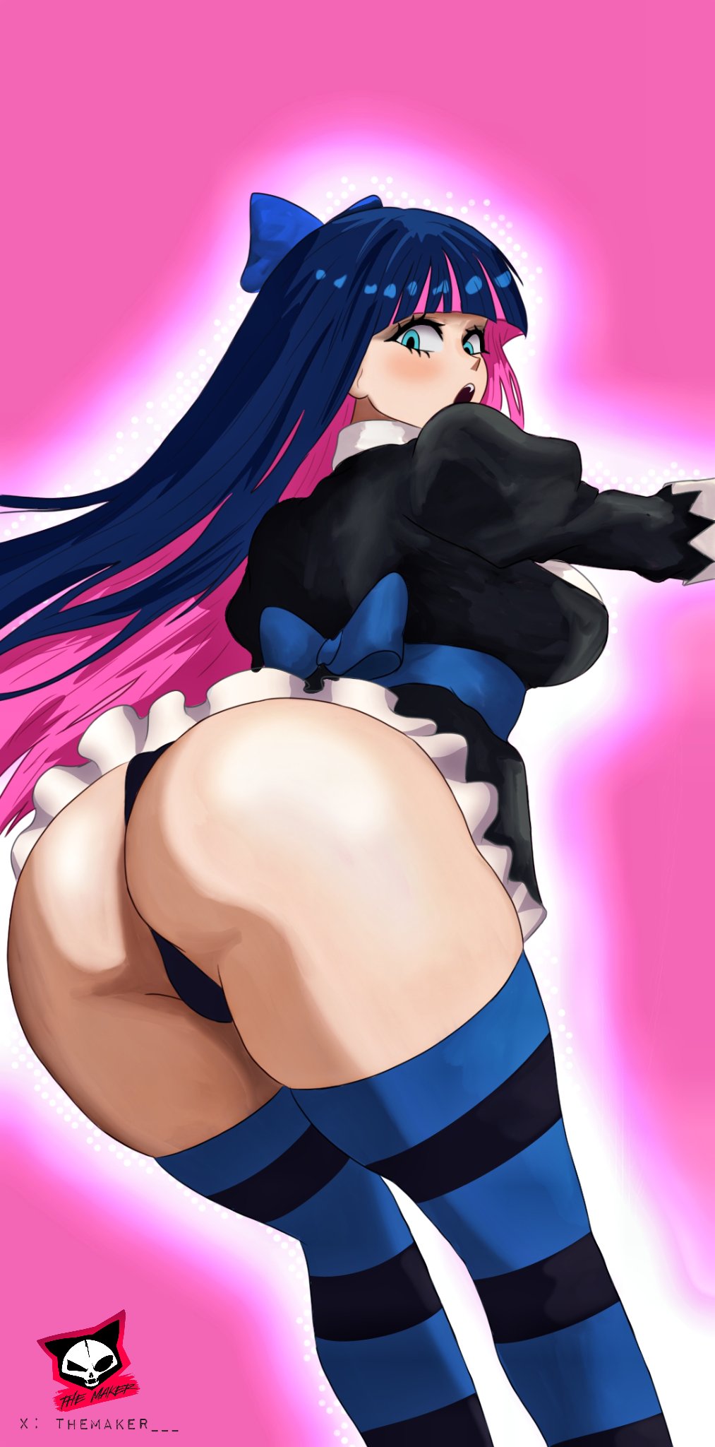 1girls, aqua eyes, ass, ass focus, black panties, blue bow, blue hair, bow, breasts, female, female only, highres, huge ass, large breasts, panties, panty & stocking with garterbelt, pink background, pink hair, stocking anarchy, stocks, themaker, underwear