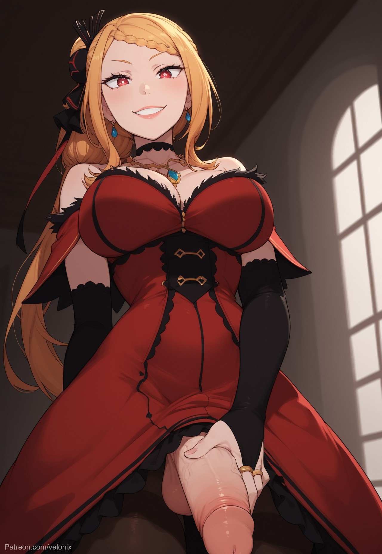 1futa, ai generated, ass, balls, big ass, big breasts, big butt, big hips, big penis, braids, breasts, cleavage, clothed, clothing, dick, dickgirl, dress, eyebrows, eyelashes, from below, futa only, futanari, grin, grinning, grinning at viewer, hair, hands-free, huge cock, indoors, intersex, lips, long hair, looking at viewer, makeup, narrow waist, narrowed eyes, nose, orange hair, penis, priscilla barielle, re:zero kara hajimeru isekai seikatsu, red dress, red eyes, red hair, sadist, seducing, seductive, seductive eyes, seductive gaze, seductive look, seductive mouth, seductive pose, seductive smile, side ponytail, smile, smile at viewer, smiley face, smooth balls, smooth penis, smooth skin, solo, solo dickgirl, solo focus, solo futa, taker pov, testicles, throne, velonix