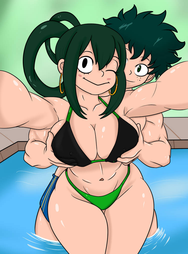1boy, 1girls, bikini, breasts, female, izuku midoriya, male, my hero academia, pool, soulyagami64, tsuyu asui