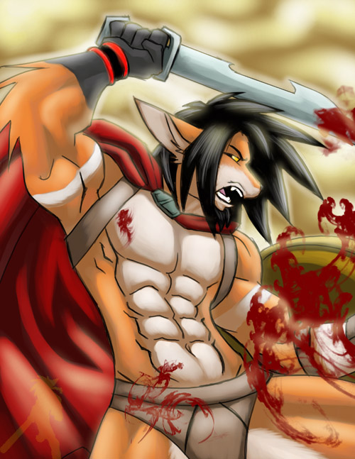 300 anthro beige_fur black_hair blood blood_splatter blood_stain bloody_sword canine cape clothes color combat faint fox front_view fur furry furry_ears hair male male_only open_mouth orange_fur parody pointy_ears shield skimpy_clothes solo sword warrior weapon yellow_eyes