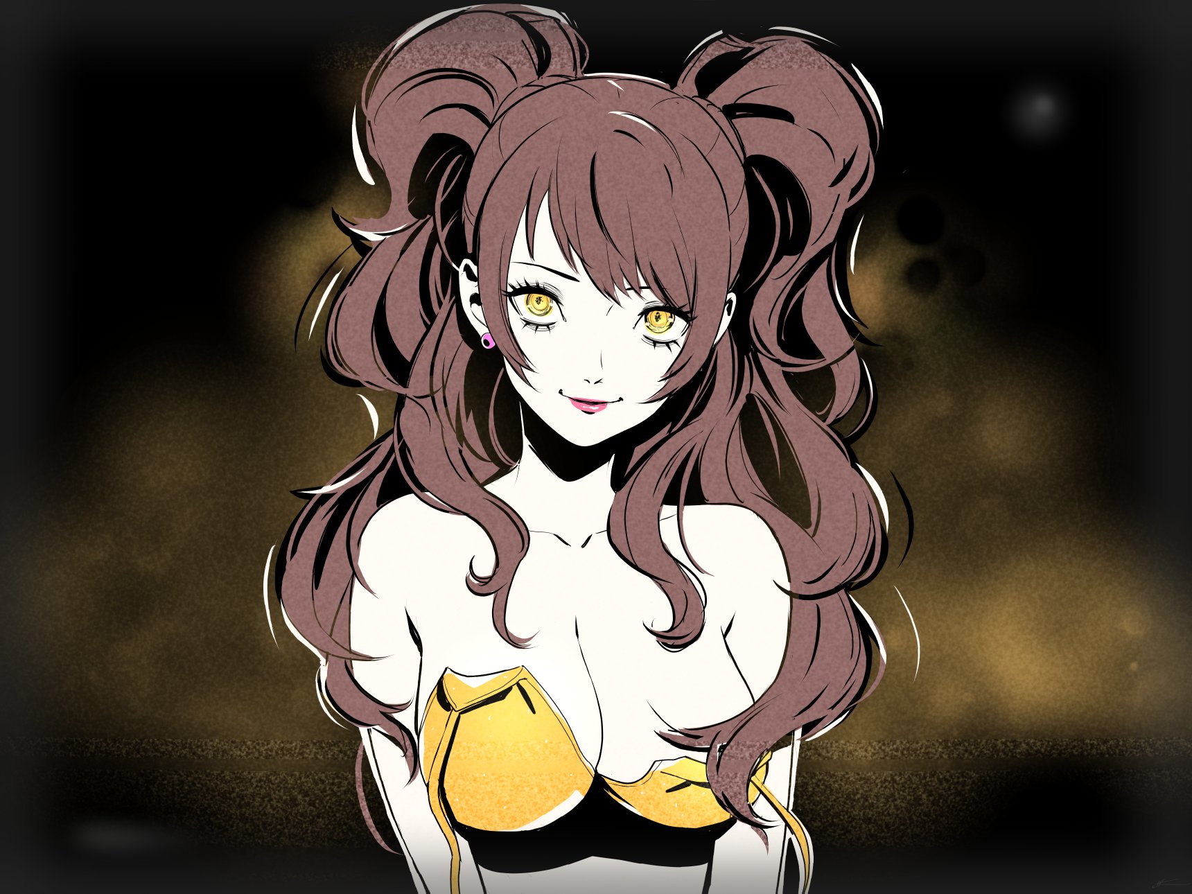 1girls, 2d, atlus, bikini, bikini top, bikini top undone, brown hair, brown hair female, eightyfourart, female, glowing eyes, hi res, kujikawa rise, light skin, light-skinned female, long hair, long hair female, persona, persona 4, sega, shadow rise, shadow self (persona), simple background, solo, tagme, twintails, upper body, villainess, yellow eyes, yellow eyes female