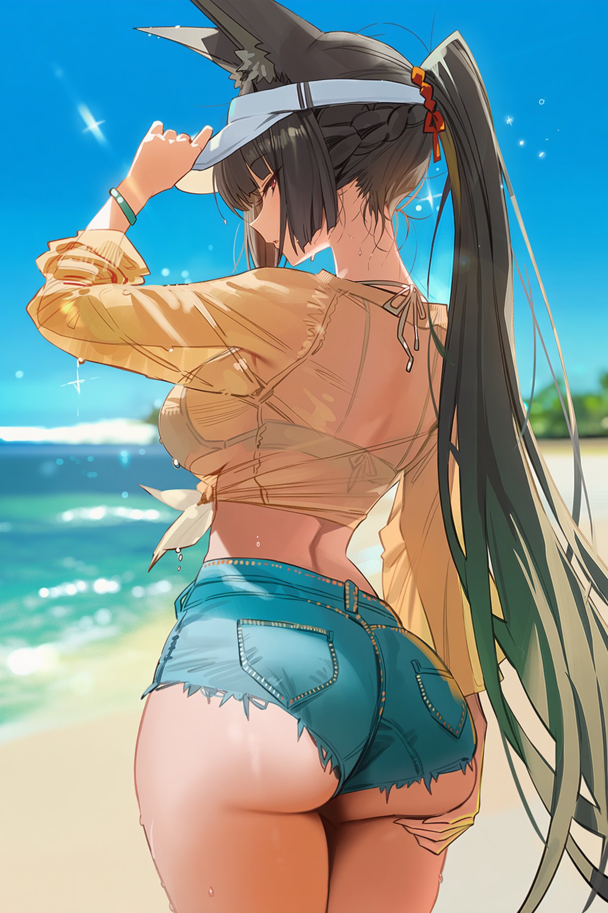 1girls, ai generated, alternate costume, animal ears, ass, ass focus, beach, black hair, booty shorts, breasts, brown eyes, brown hair, denim, denim shorts, female, female only, fring853, from behind, grabbing own ass, hoshimi miyabi, huge ass, jean shorts, kemonomimi, large breasts, long hair, looking at viewer, looking back, parted lips, ponytail, red eyes, see-through, see-through clothing, shirt, short shorts, shorts, sideboob, solo, sweat, very long hair, visor, visor cap, zenless zone zero