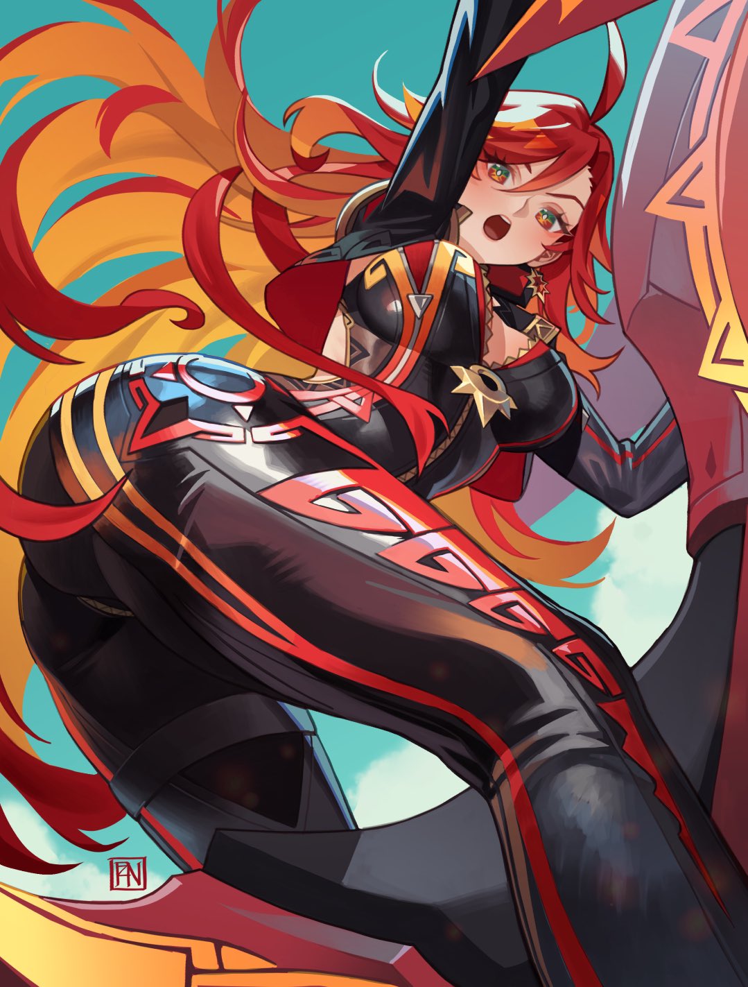 ass, biker clothes, bikesuit, black bodysuit, bodysuit, breasts, cleavage, clothing cutout, earrings, female, female only, genshin impact, highres, large breasts, looking at viewer, mavuika (genshin impact), multicolored eyes, multicolored hair, orange eyes, orange hair, poch4n, red eyes, red hair, solo, sun earrings, symbol in eye, zipper
