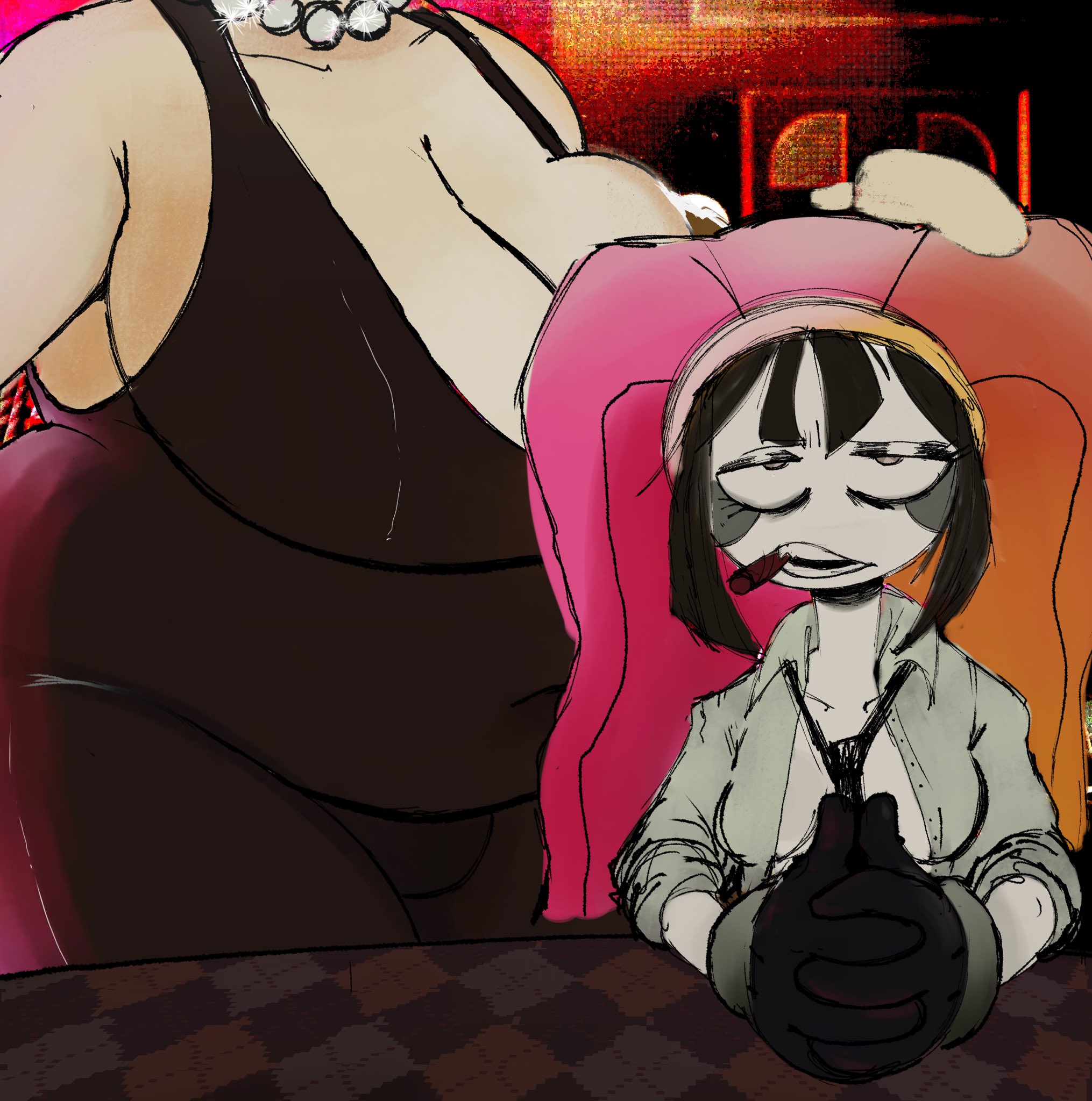 black dress, breasts, chubby, female, funny, glitch productions, huge breasts, pomni (the amazing digital circus), ragatha (pub outfit), ragatha (the amazing digital circus), sketch, the amazing digital circus, u nkno3ngrounds