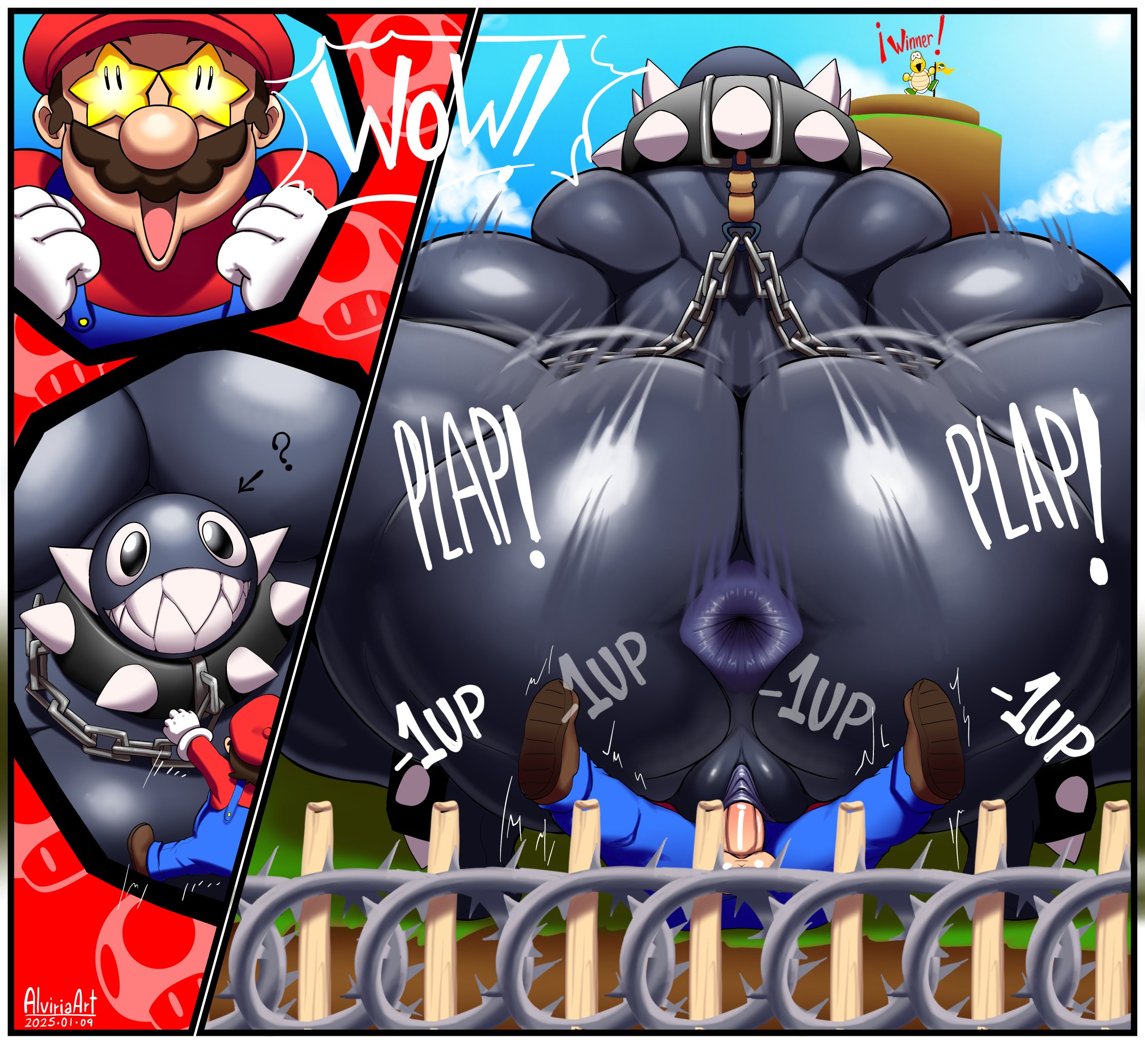 1boy, 1girls, 1male, alviriaart, anthro, anus, anus close-up, anus focus, anus peek, bigger female, chain chomp, cowgirl position, gigi (thecoatl034), interspecies, mario, mario (series), nintendo, smaller male, super mario bros., tagme, vaginal penetration, vaginal sex