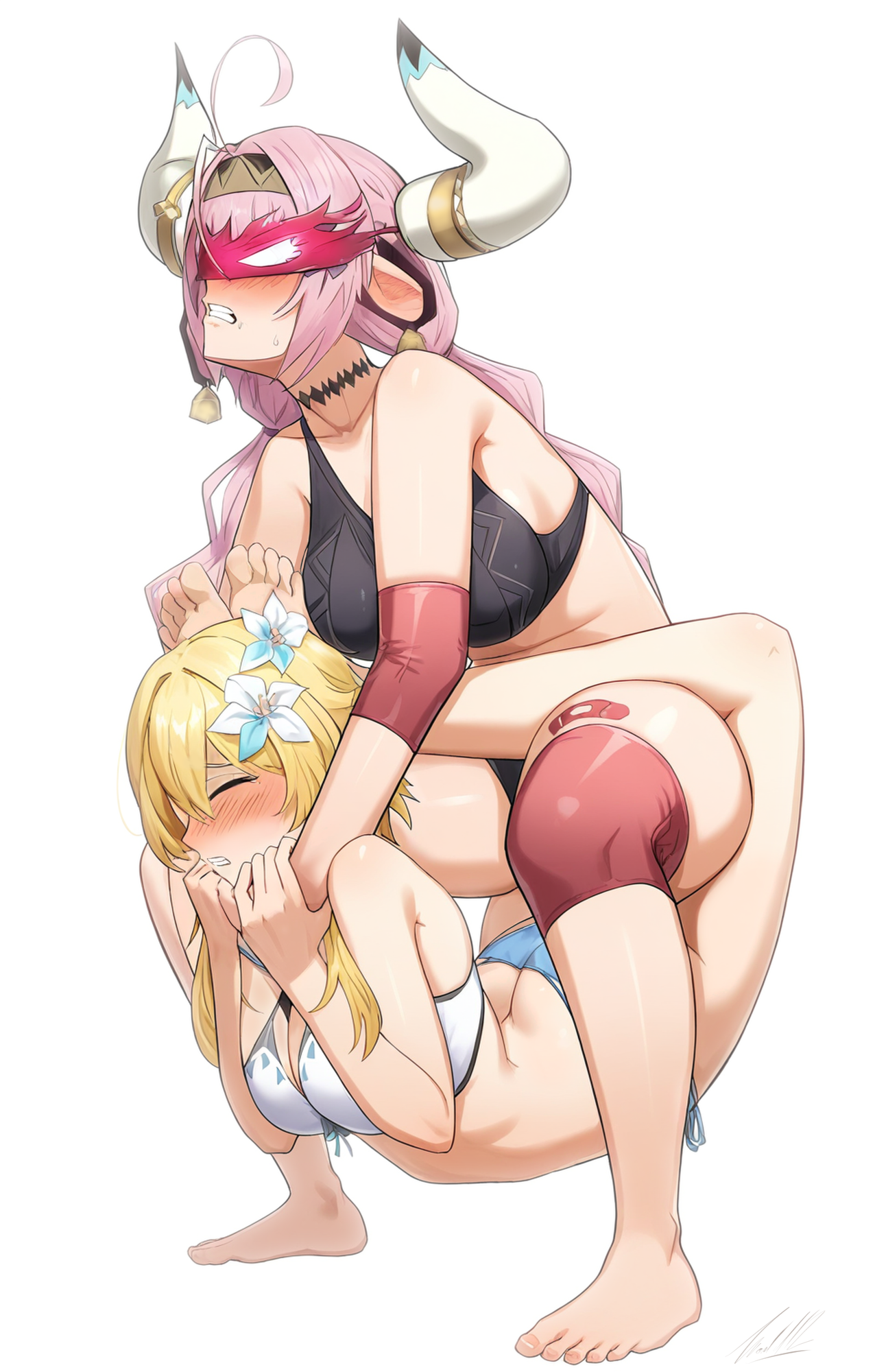 2girls, ai assisted, ai colored, bikini, blonde female, blonde hair, catfight, female, genshin impact, lumine (genshin impact), nakonworld12, pain, painful, pink hair, ryona, simple background, tagme, varesa (genshin impact), white background, wrestling, wrestlingryona