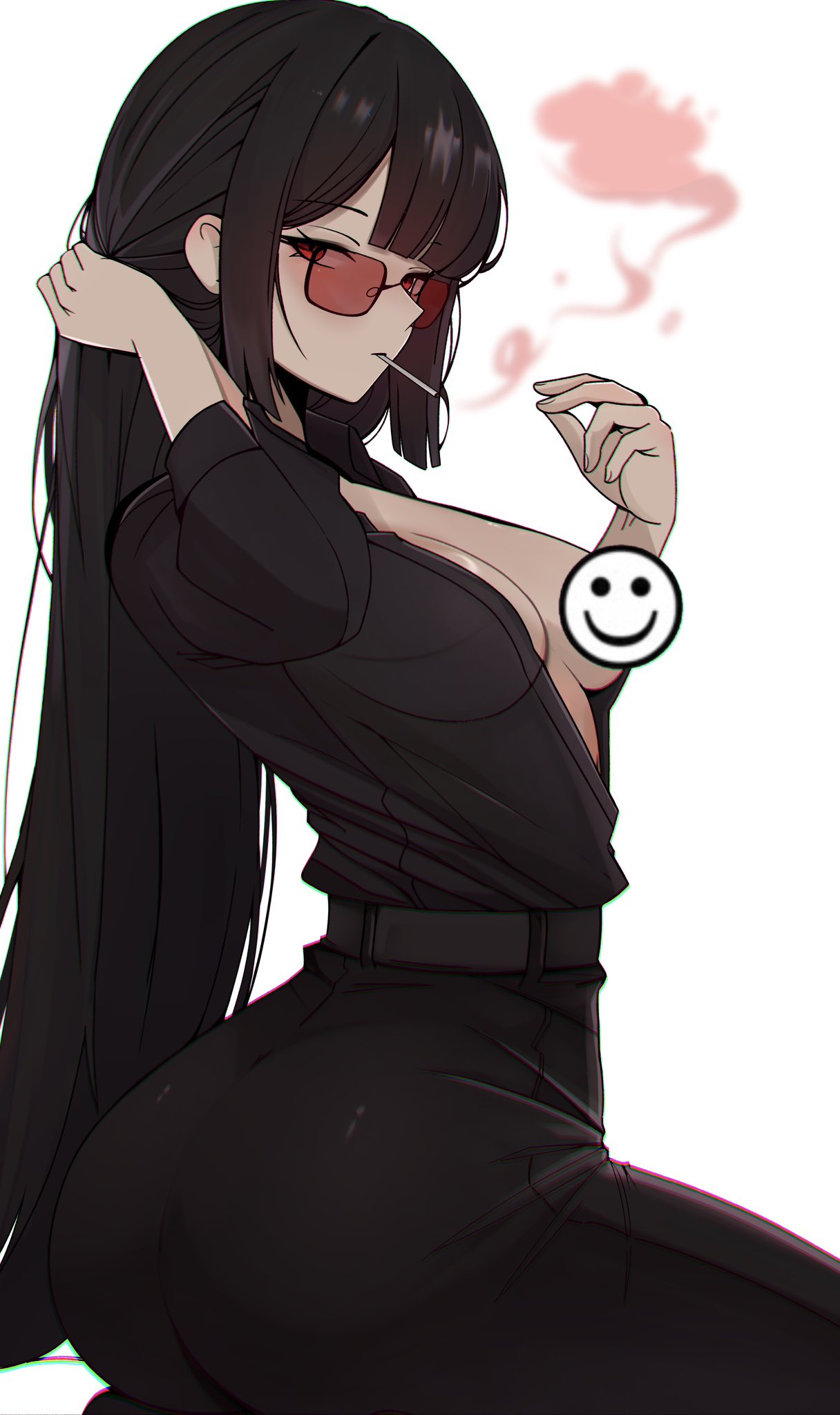 black hair, breasts, censored, cigarette, cigarette in mouth, cleavage, eyebrows visible through hair, eyelashes visible through hair, female, formal, formal clothes, formal wear, glasses, glasses on face, idiot, limbus company, long hair, looking at viewer, m ayonessa, open clothes, open shirt, project moon, red eyes, red smoke, ryoshu (limbus company), smoking, smoking cigarette, white background