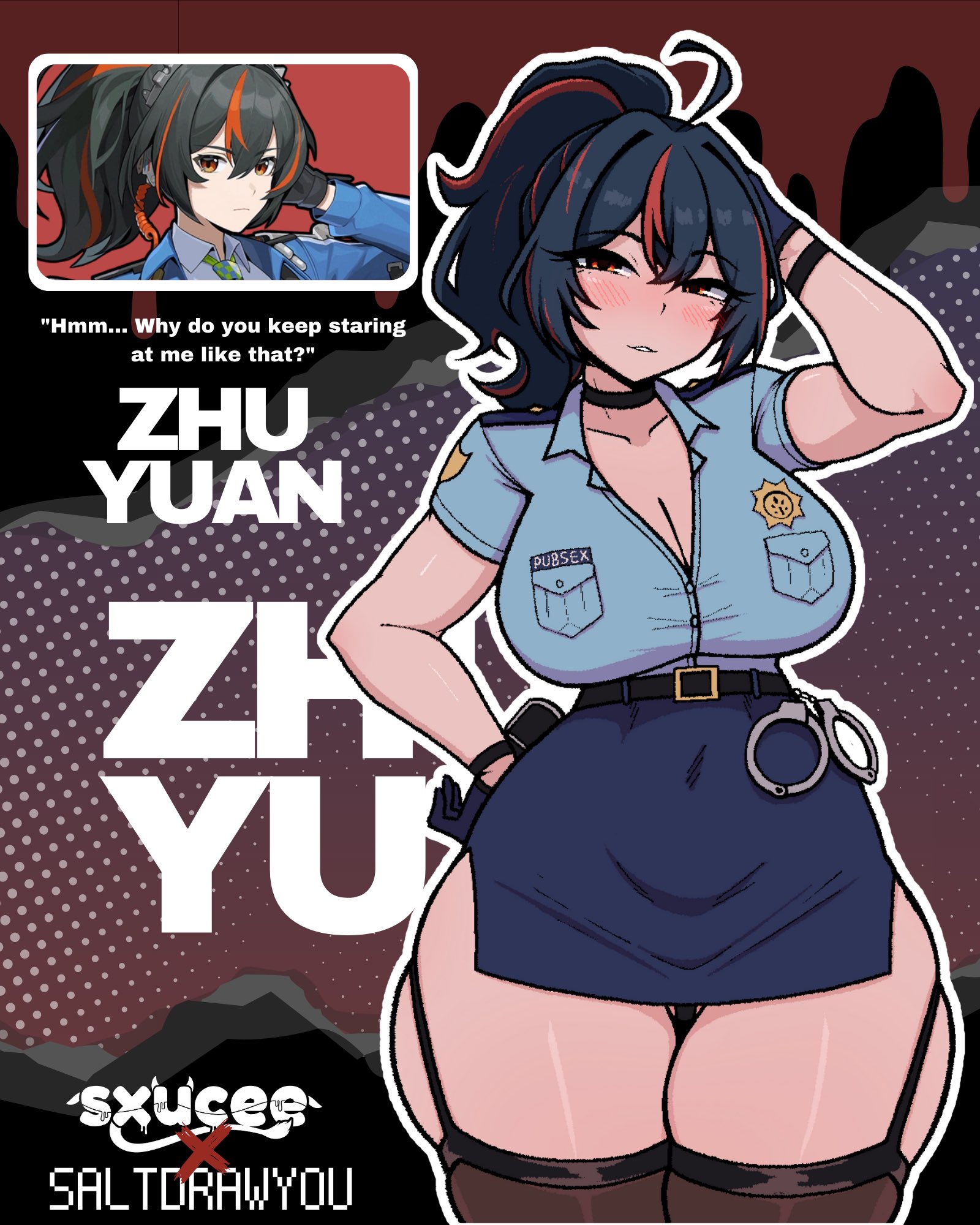 1girls, ahoge, arm behind head, arm up, artist name, badge, belt, belt buckle, black belt, black choker, black gloves, black hair, black panties, black thighhighs, blue shirt, blue skirt, blush, breast pocket, breasts, buckle, buttons, character name, choker, cleavage, collarbone, commentary, crossed bangs, cuffs, curvy, double-parted bangs, english commentary, english text, female, female only, garter belt, gloves, hair between eyes, handcuffs, highres, large breasts, looking at viewer, microskirt, multicolored hair, narrow waist, panties, parted lips, pocket, police, police badge, police uniform, policewoman, ponytail, purple background, red eyes, red streaks, saltdrawyou, second-party source, shirt, short hair, short sleeves, side slit, skindentation, skirt, smile, solo focus, straight-on, streaked hair, thick thighs, thighhighs, thighs, underwear, wristband, zenless zone zero, zhu yuan