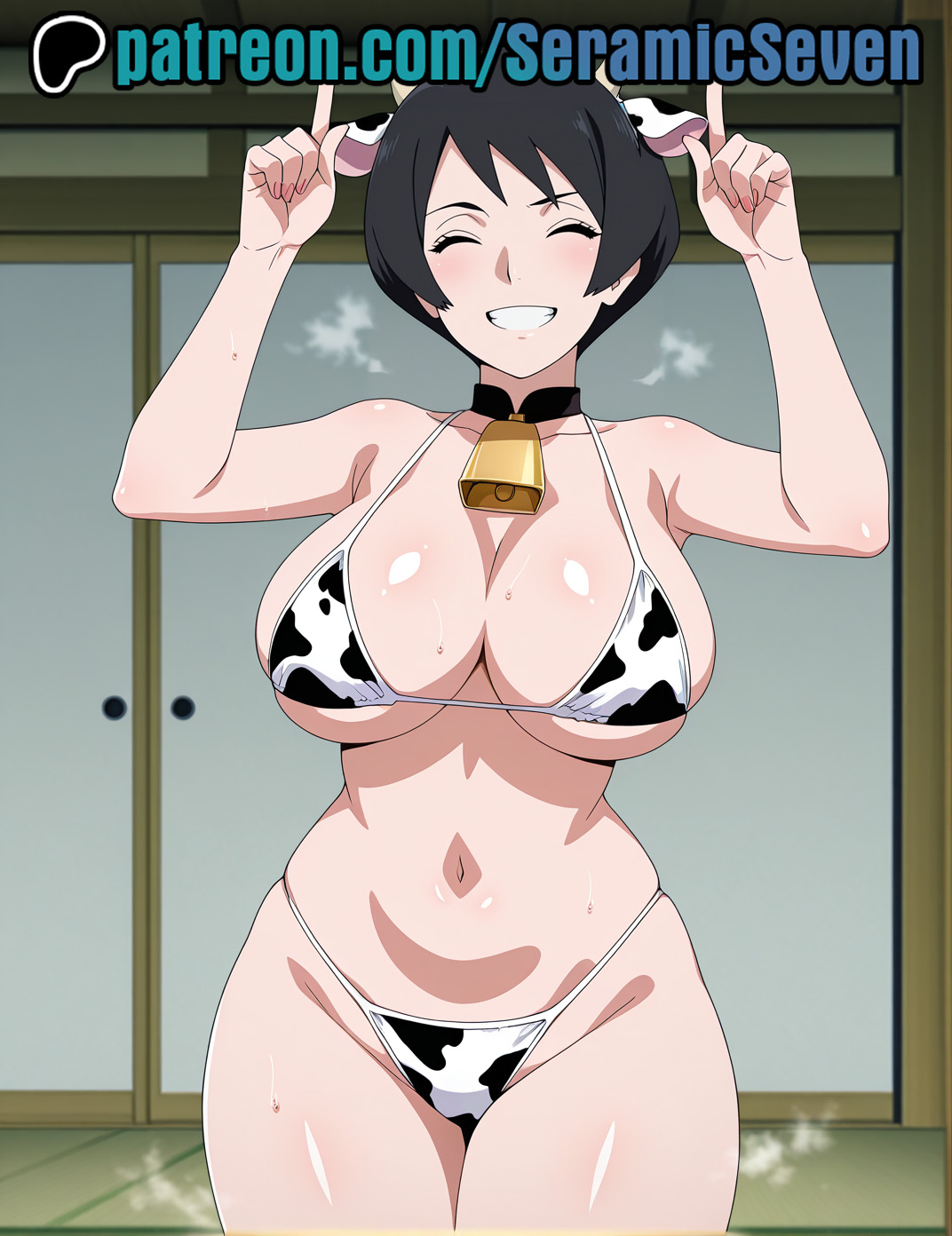 1girls, 2025, 2d, ai, ai generated, anime, anime style, boruto: naruto next generations, child bearing hips, cow ears, cow horns, cow print, cow print bikini, cow print bra, cow print panties, cowbell, cowbell collar, dark hair, female, horns pose, kurotsuchi, light skin, light-skinned female, mature female, milf, mommy, naruto, naruto (series), naruto shippuden, seramic seven, short hair, thick, thick hips, thick legs, thick thighs