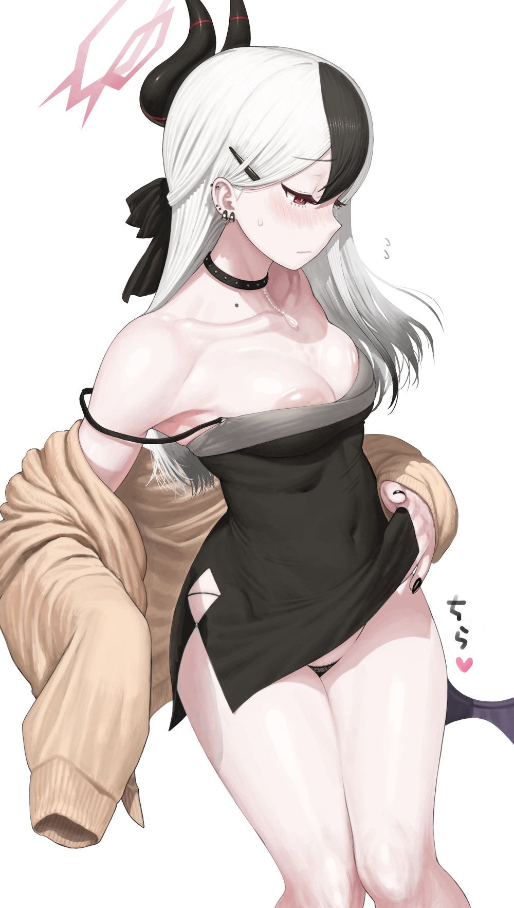 1girls, 2d, 2d (artwork), alternate costume, areola slip, black dress, black nails, blue archive, blush, choker, coat, demon wings, dress, ear piercing, female, female only, hair clip, highres, horns, kayoko (blue archive), kayoko (dress) (blue archive), lifting dress, light skin, light-skinned female, long hair, maruko tooto, mole, multicolored hair, necklace, painted nails, petite, petite female, piercing, red eyes, slim, thick thighs, thong, white hair