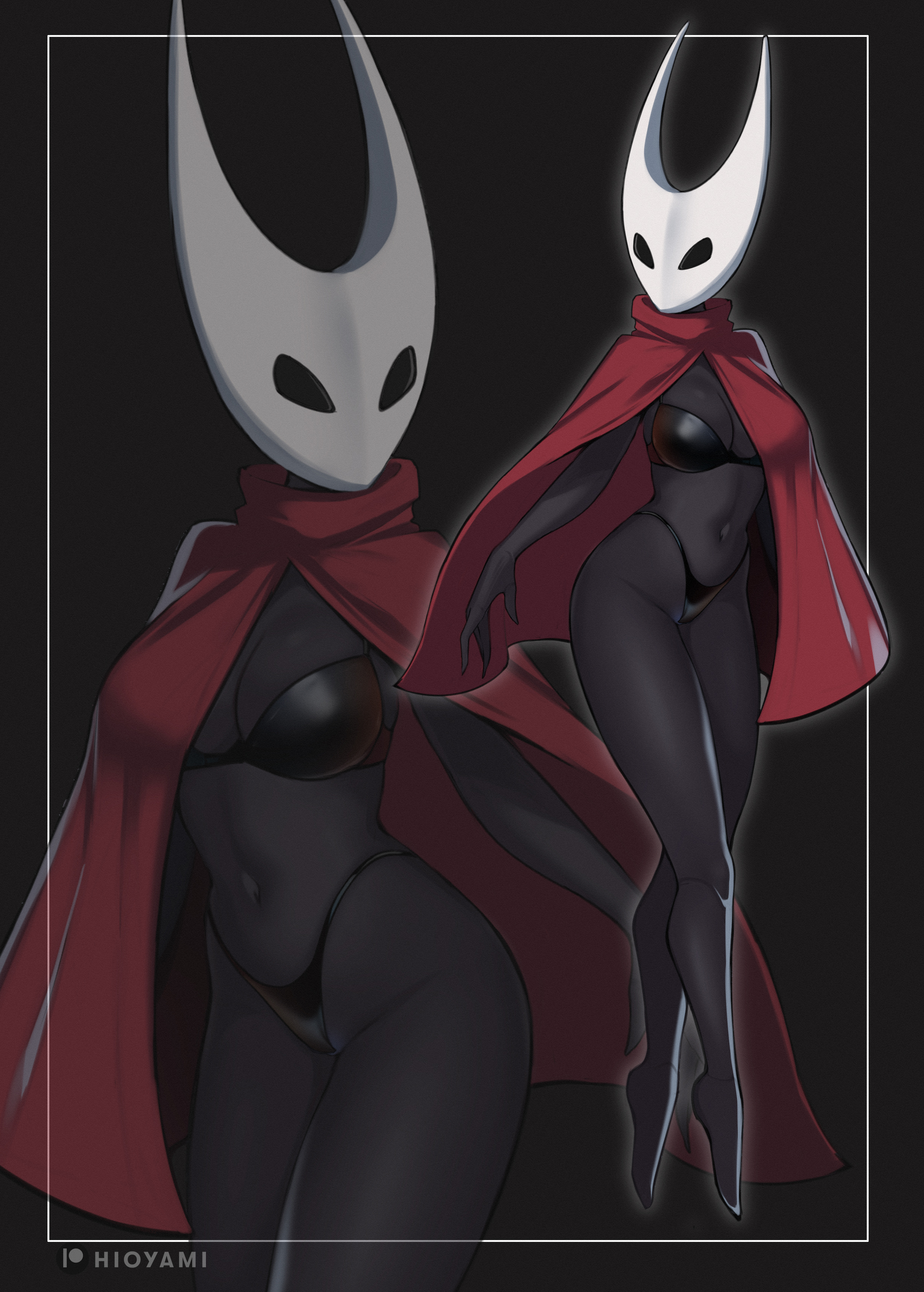 1girls, anthro, arthropod, big breasts, black body, black bra, black eyes, black panties, black skin, bottomwear, bra, breasts, cleavage, cloak, close-up, female, female only, full body, hioyami, hips, hollow knight, hornet (hollow knight), lingerie, panties, red cloak, solo, solo female, thighs, topwear