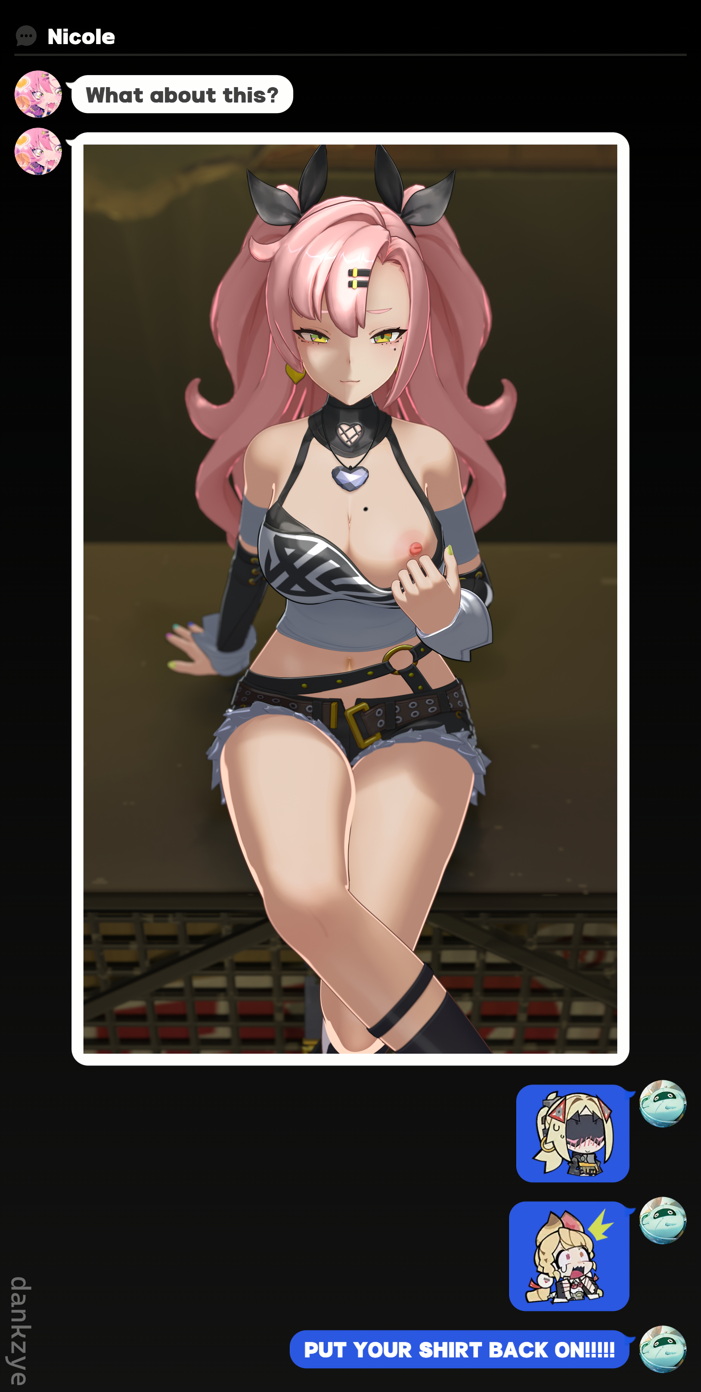 3d, belle (zenless zone zero), breasts, breasts out, clothed female, cunning hares, dankzye, female, implied yuri, looking at viewer, nicole demara, nipples, offscreen character, offscreen female, sexting, sitting, taking clothes off, text message, zenless zone zero