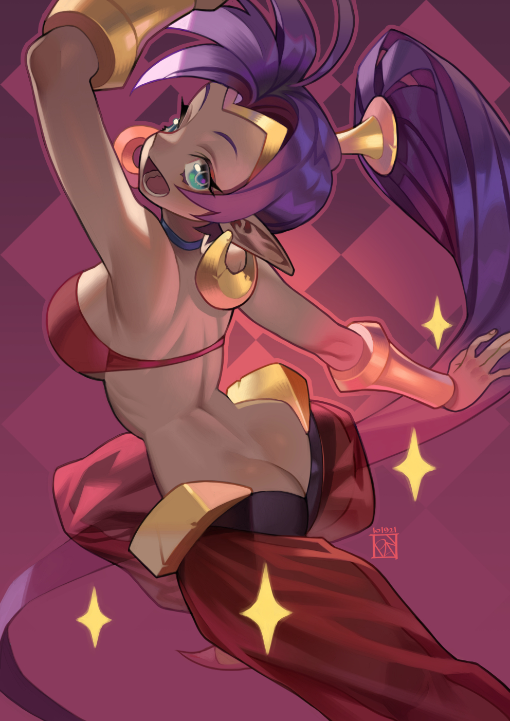 absurdly long hair, arabian clothes, arm up, ass, back, bare shoulders, blue eyes, bracer, breasts, butt crack, choker, circlet, commentary, dancing, dark skin, dark-skinned female, dated, earrings, english commentary, female, female only, hair ornament, harem pants, high ponytail, highres, hoop earrings, jewelry, large breasts, long hair, looking at viewer, looking back, o-ring, o-ring top, open mouth, pants, poch4n, pointy ears, ponytail, purple hair, shantae, shantae (character), signature, solo, very long hair, watermark