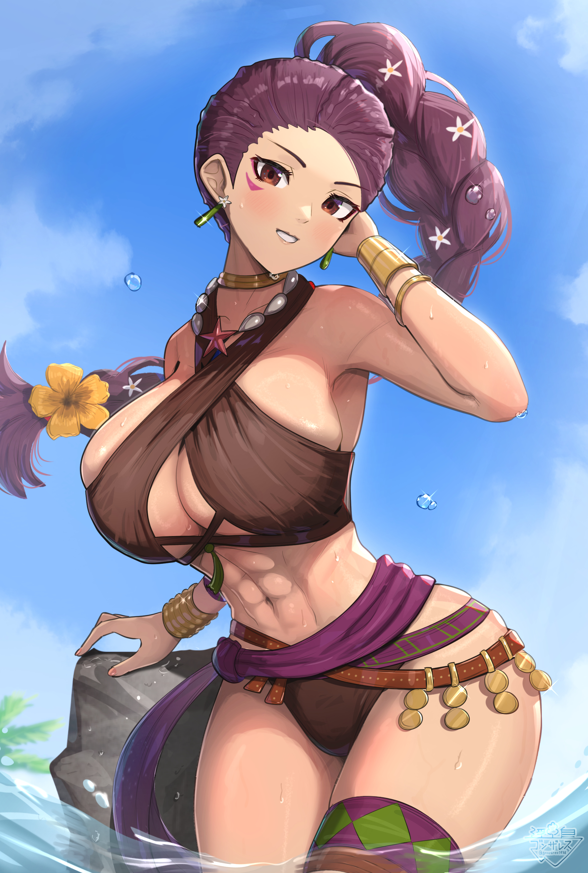 1girls, abs, absurdres, bikini, blue sky, blush, bracelet, braid, braided ponytail, breasts, brown bikini, cleavage, cloud, commentary request, criss-cross halter, dark skin, dark-skinned female, day, earrings, facial mark, female, female only, fire emblem, fire emblem heroes, gonzarez, halterneck, highres, jewelry, large breasts, long hair, looking at viewer, navel, nintendo, ocean, official alternate costume, open mouth, outdoors, palm leaf, petra macneary, petra macneary (summer), purple hair, skindentation, sky, smile, solo, swimsuit, thighs, wading, water, water drop, wet