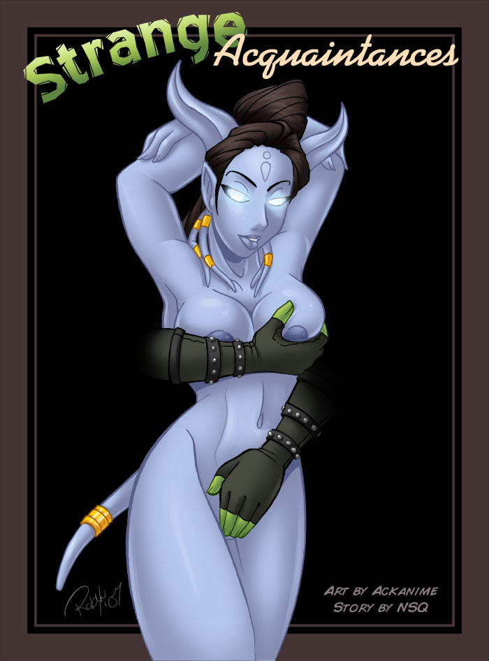 ackanime alliance_(warcraft) black_hair blizzard_entertainment breast_grab breasts comic cover_page draenei draenei_female female female/female glowing_eyes hooves horde horns nipples nude orc orc_female presenting strange_acquaintances tail tentacle tesslora warcraft world_of_warcraft