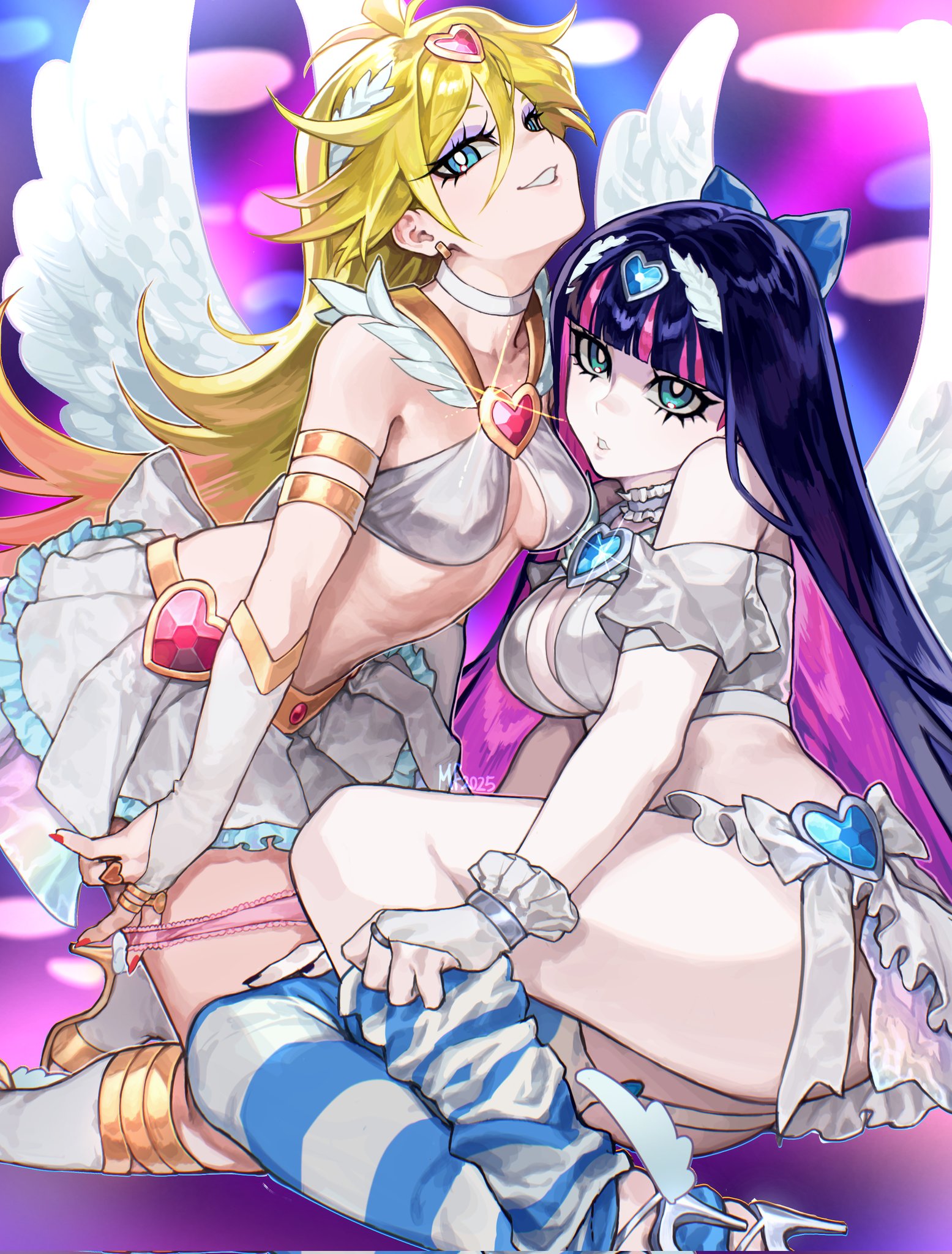 2girls, angel wings, armband, bare shoulders, black nails, blonde hair, blue bow, blue eyes, blue gemstone, blue hair, blunt bangs, blurry, blurry background, bow, breasts, bright pupils, choker, cleavage, cleavage cutout, clothing cutout, commentary, crop top, detached sleeves, earrings, english commentary, female, female only, fingerless gloves, frilled choker, frilled skirt, frills, full body, gem, gloves, grey choker, hair between eyes, hair ornament, hairbow, heart, heart-shaped gem, high heels, highres, jewelry, kneeling, large breasts, leaning forward, long eyelashes, long hair, looking at viewer, mary felizola, messy hair, multicolored hair, multiple females, multiple girls, nail polish, navel, open mouth, panty & stocking with garterbelt, panty anarchy, pink streaks, pleated skirt, puffy short sleeves, puffy sleeves, pulling own clothes, red gemstone, red nails, ring, short sleeves, sitting, skirt, smile, stocking anarchy, stomach, streaked hair, striped clothes, striped thighhighs, teeth, thighhighs, thighs, two-tone hair, very long hair, white bow, white choker, white gloves, white pupils, white skirt, white sleeves, white wings, wings, yellow armband