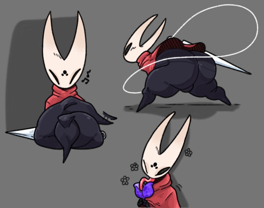 1girls, arthropod, ass, big ass, big butt, bottom heavy, bottomless, bubble butt, clothing, crossed legs, curvaceous, curvy, curvy figure, doodle, female, female only, flower, grey background, hollow knight, hollow knight: silksong, hornet (hollow knight), huge ass, mostly nude, musical note, one eye closed, solo, solo female, thick thighs, torururuu, voluptuous, voluptuous female, weapon, wide hips