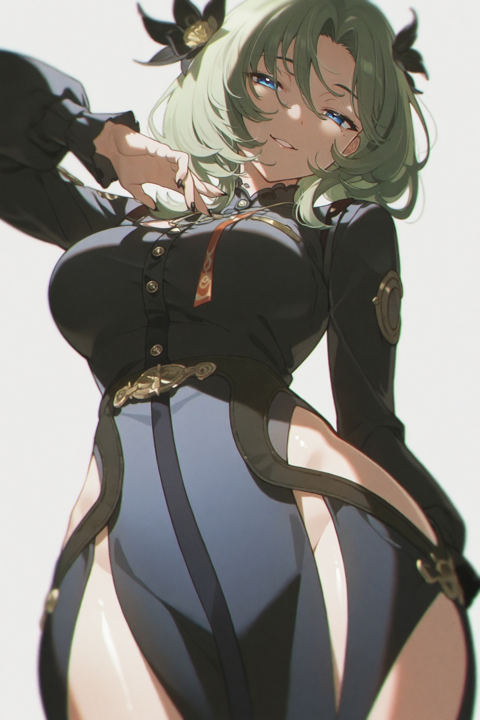 1girls, ai generated, bedroom eyes, big breasts, big thighs, blue eyes, breasts, buttons, curvy, curvy figure, exposed hips, exposed thighs, female, female only, flower, flower in hair, green hair, hoyoverse, isolde (zenless zone zero), looking at viewer, mole, npc (zenless zone zero), seductive, seductive look, seductive smile, smile, thighs, uniform, wide hips, xjy, zenless zone zero