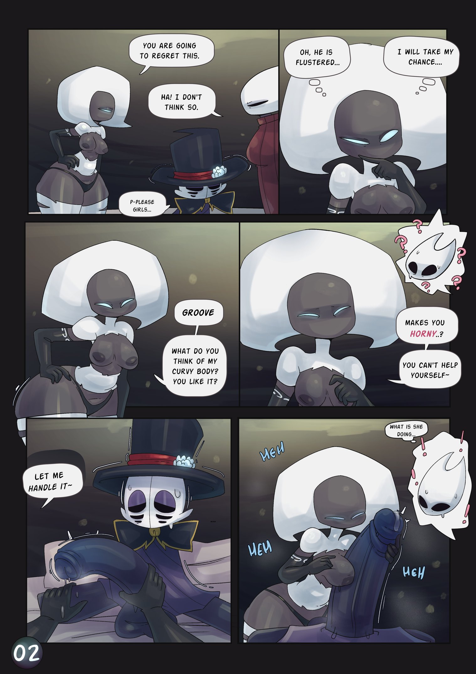 1boy, 2girls, anti groove, belty42, big penis, big thighs, blue eyes, bug, comic, english, english text, fighting over boy, grey body, hollow knight, hollow knight: silksong, hornet (hollow knight), lace (hollow knight), seduction, shorter male, small breasts, smaller male, titjob, top hat, tophat, torn clothes, torn clothing