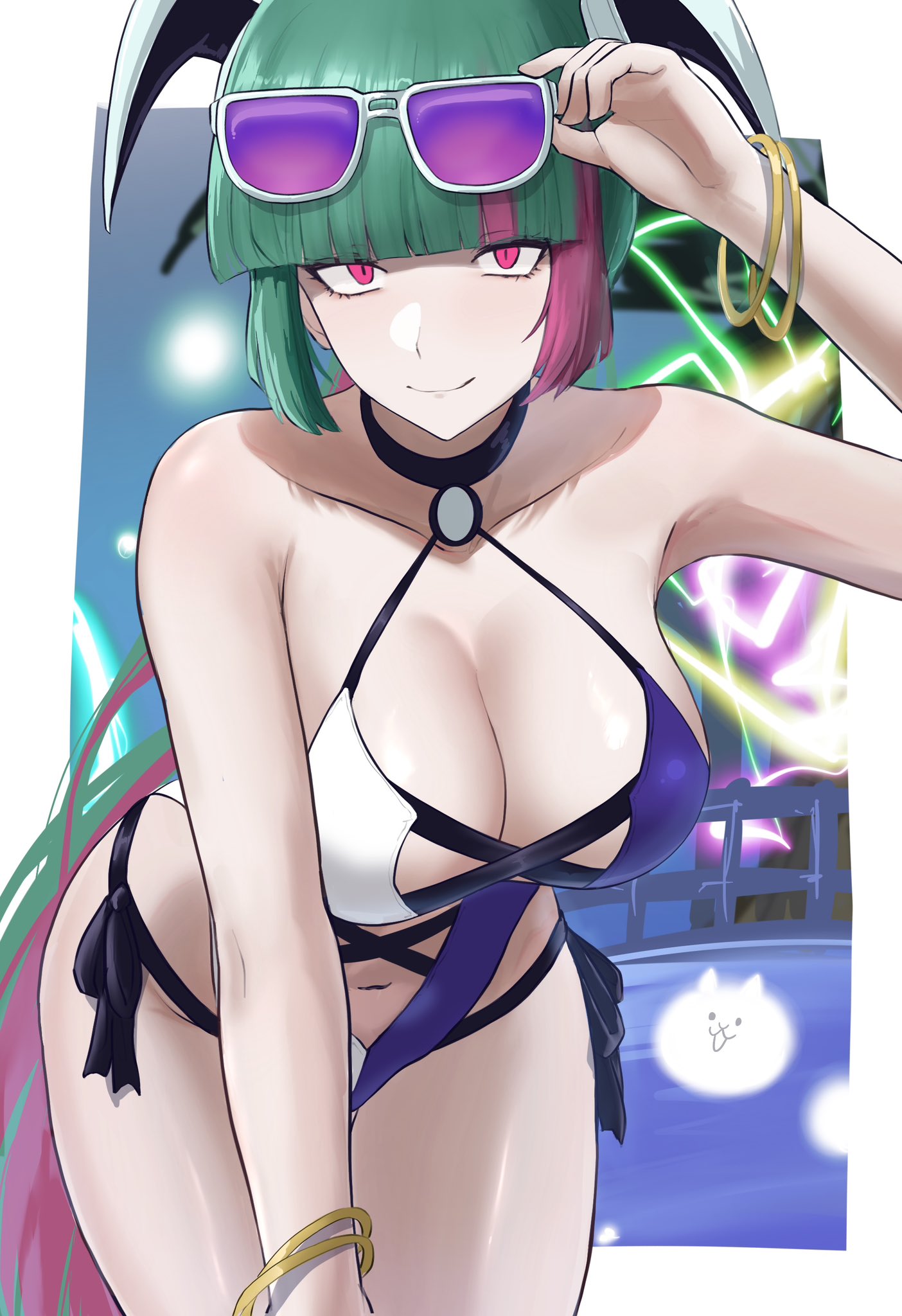 1girls, 5 fingers, adjusting glasses, background, background character, barely clothed, belly, belly button, bent forward, bracelet, bracelets, breasts, cat (battle cats), clevage, closed mouth, clothed, clothed female, clothing, collar, collarbone, curvaceous, curvaceous female, curvaceous figure, curvy, curvy female, curvy figure, extremely long hair, feline, female, female focus, fingers, galaxy gals, glasses, glasses on head, green hair, hair ornament, handwear, headwear, high cut swimsuit, huge breasts, huge thighs, human, large breasts, large thighs, leaning forward, light skin, light-skinned female, lilin (battle cats), long hair, looking at viewer, midriff, multicolored hair, neon lights, nyanko daisensou, one piece swimsuit, pink eyes, pink hair, ponytail, pool, purple glasses, sed (d4vcmk), shoulders, smile, smiling, smiling at viewer, sunglasses, sunglasses on head, swimming pool, swimsuit, swimwear, the battle cats, thick thighs, thighs, water, white border, wristwear, yellow bracelet