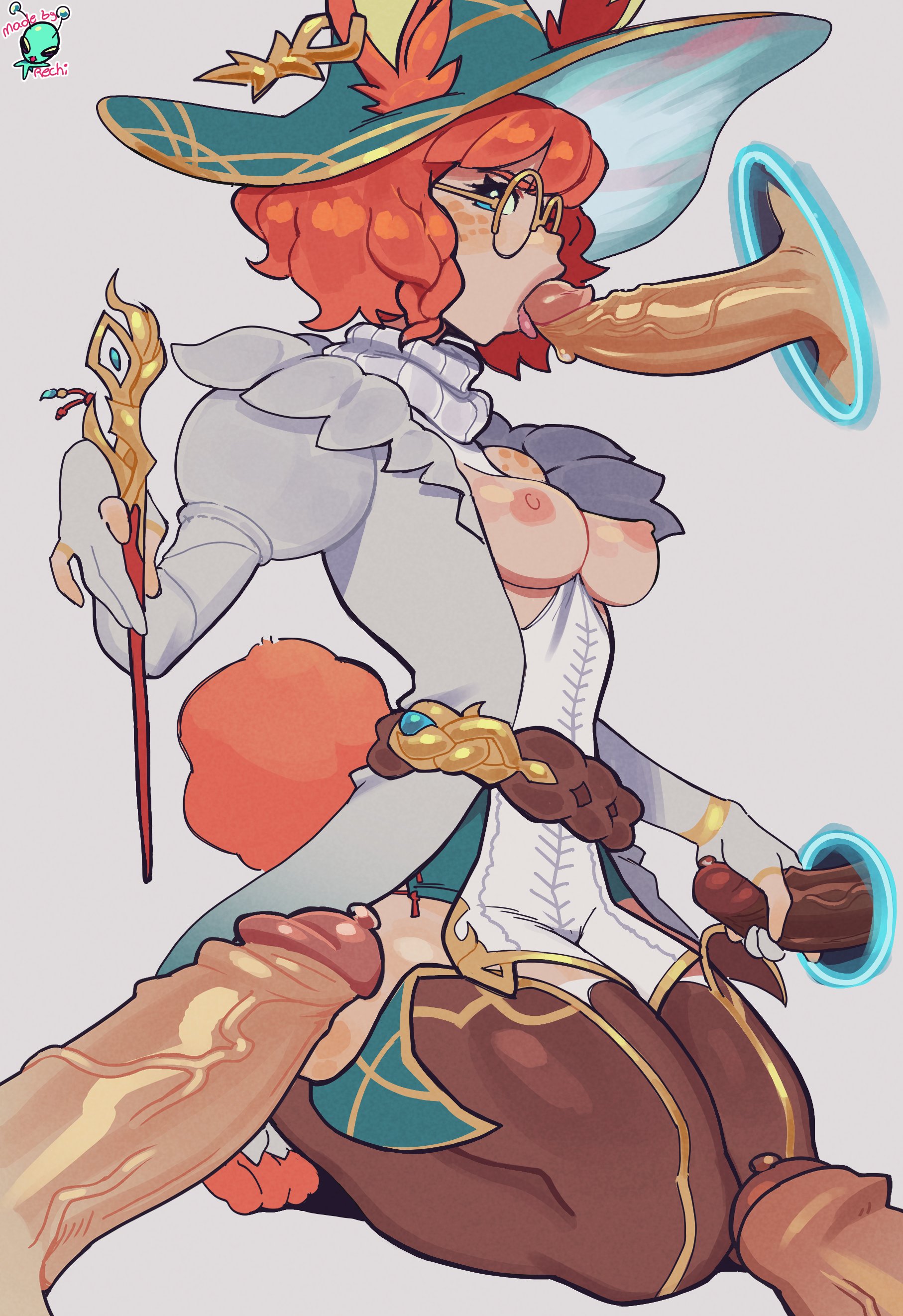 1girls, 2d, 2d (artwork), 4boys, aurora (league of legends), autistic female, belt, big cock, big penis, blowjob, blue eyes, breasts out, cock, dark penis, dark-skinned male, female, female focus, freckles, freckles on face, gangbang, glasses, handjob, huge cock, league of legends, multiple boys, multiple penises, nipples, now you're thinking with portals, orange hair, penis, penis tip in mouth, penis vein, precum, rechiru, rechitv, riot games, small breasts, tagme, thick thighs, thighs, veiny penis, wand, witch, witch hat