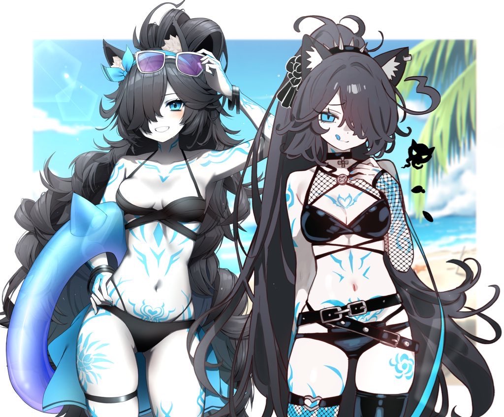 ahoge, beach, belt, bikini, black hair, blue eyes, cat ears, choker, ebora, flower, heart, kasli the bane, long hair, navel, ponytail, ribbon, smile, sunglasses, swimsuit, the battle cats, thighs, tongue, white skin