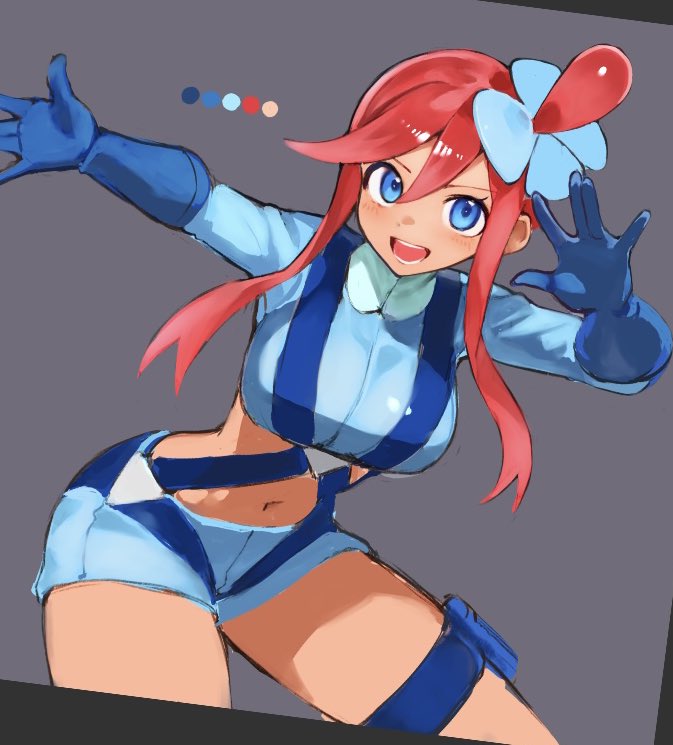 1girls, blue eyes, blue gloves, blue shirt, blue shorts, breasts, clothing, color guide, commentary request, crop top, female, female only, gloves, grey background, hair ornament, kasumi 6, kasumi6, large breasts, leaning forward, long sleeves, looking at viewer, midriff, navel, nintendo, open mouth, outstretched arm, pokemon, pokemon bw, red hair, red-haired female, shirt, short shorts, shorts, sidelocks, skyla (pokemon), smile, solo, straddling, teeth