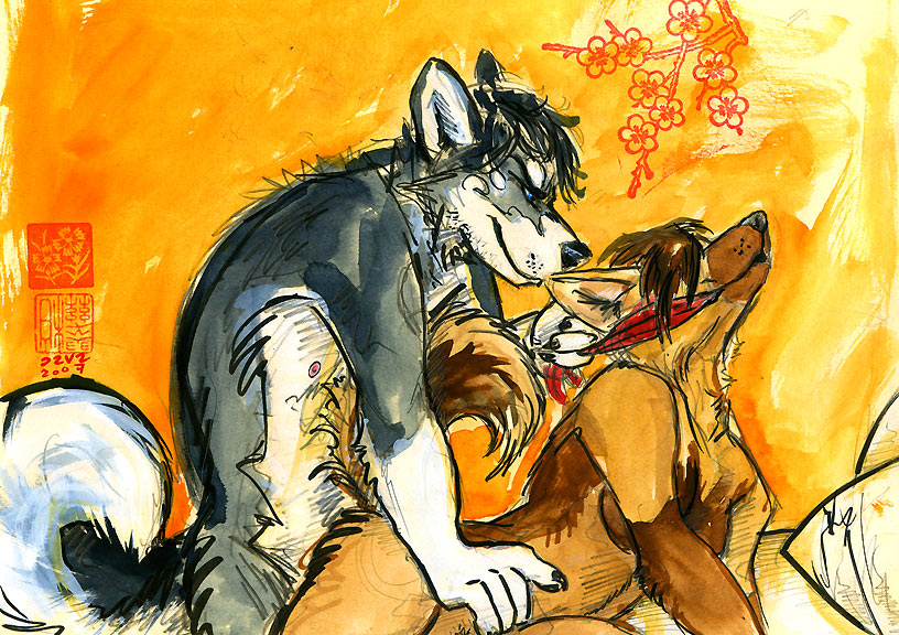 allison_reed anthro canine decaf_(character) female fur furry gagged husky java malamute male neckerchief rough_sketch sex straight