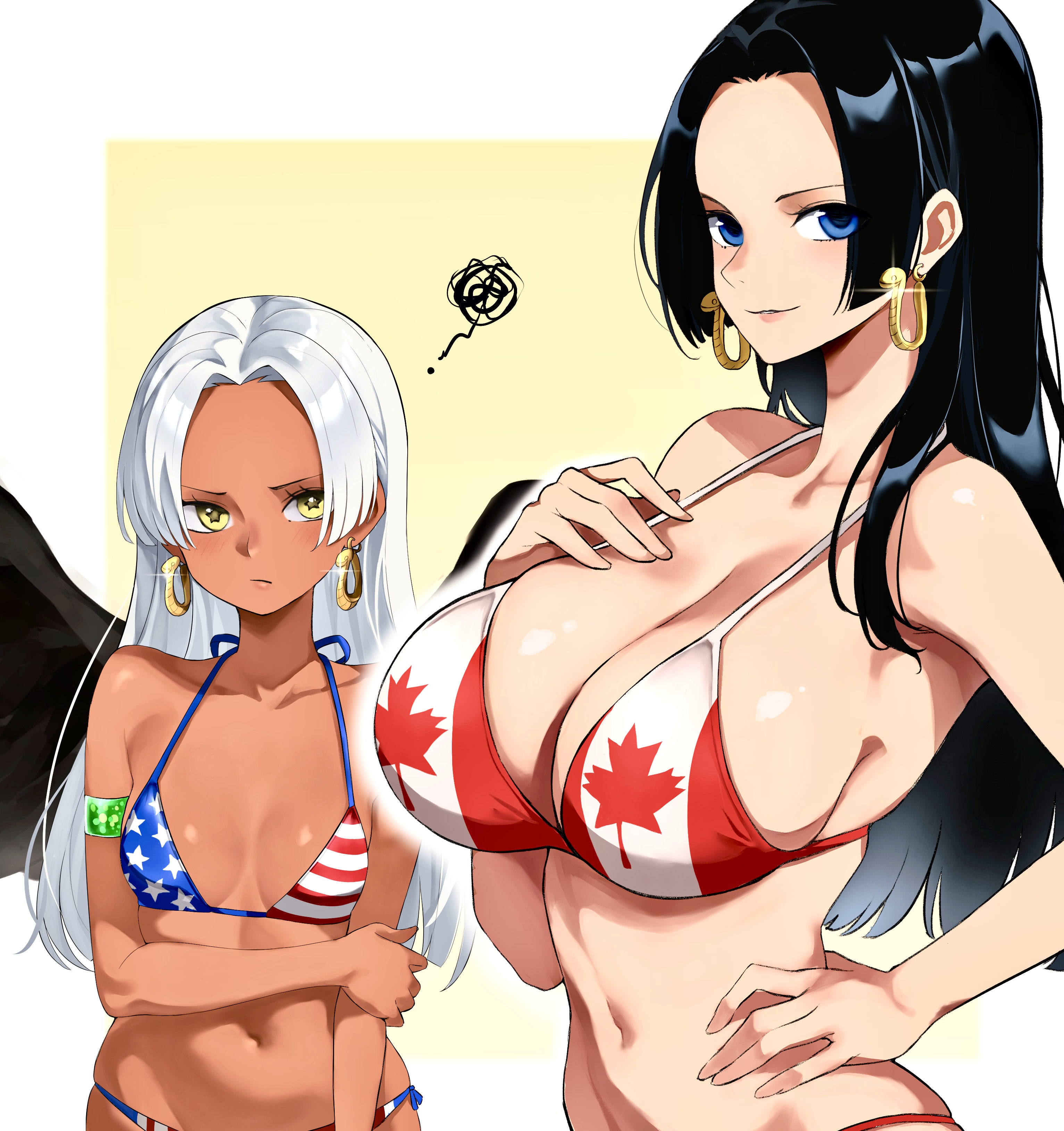 2girls, absurdres, american flag, american flag bikini, american flag print, bikini, black hair, black wings, black-haired female, blood, blue eyes, boa hancock, breast envy, breasts, canada, canadian flag bikini, clothing, commentary request, commission, dark skin, dark-skinned female, earrings, female, female only, flag print, flag print bikini, green blood, hand on own hip, highres, jewelry, kasumi 6, kasumi6, large breasts, long hair, multiple females, multiple girls, navel, one piece, pixiv commission, print bikini, s-snake, s-snake (one piece), seraphim (one piece), small breasts, snake earrings, squiggle, star (symbol), star-shaped pupils, swimsuit, symbol-shaped pupils, white hair, white-haired female, wings, yellow eyes