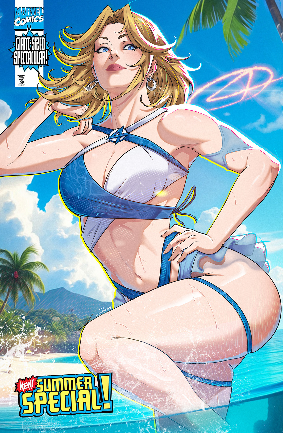 1girls, 2025, 2d, 2d (artwork), beach, bikini, blonde hair, blue eyes, breasts, comic cover, commission, earrings, fantastic four, female, female only, highres, invisible woman, invisible woman (marvel rivals), jewelry, jhony caballero, marvel, marvel rivals, mountain, mountainous horizon, one-piece swimsuit, palm tree, posing, questionable, solo, solo female, standing, standing in water, sue storm, summer, swimsuit, water