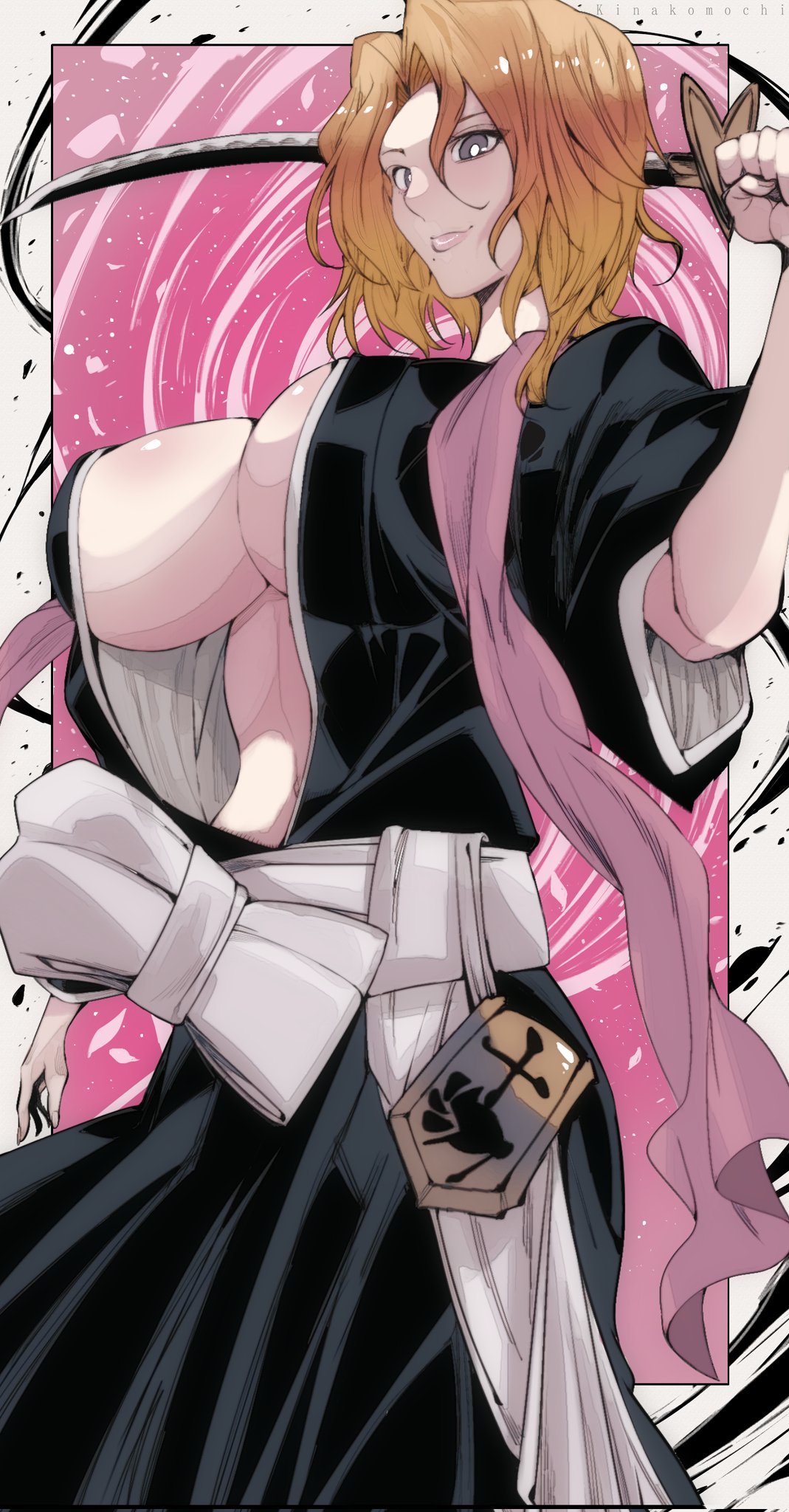 1girls, alternate eye color, alternate hair color, artist name, big breasts, bleach, bleach: sennen kessen-hen, blonde hair, breasts, cleavage, female, female focus, female only, highres, holding, holding sword, holding weapon, huge breasts, kinakomochi (user vedc2333), large breasts, matsumoto rangiku, medium hair, mole, mole under mouth, omochi db, orange hair, pink shawl, shawl, shihakusho, sword, weapon, zanpakutou