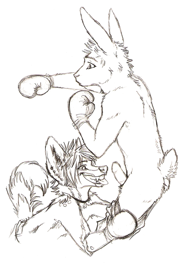 anthro boxing boxing_gloves fur furry gay hyena lagomorph male pants_pull penis piercing rabbit speed_(artist) topless uhoh