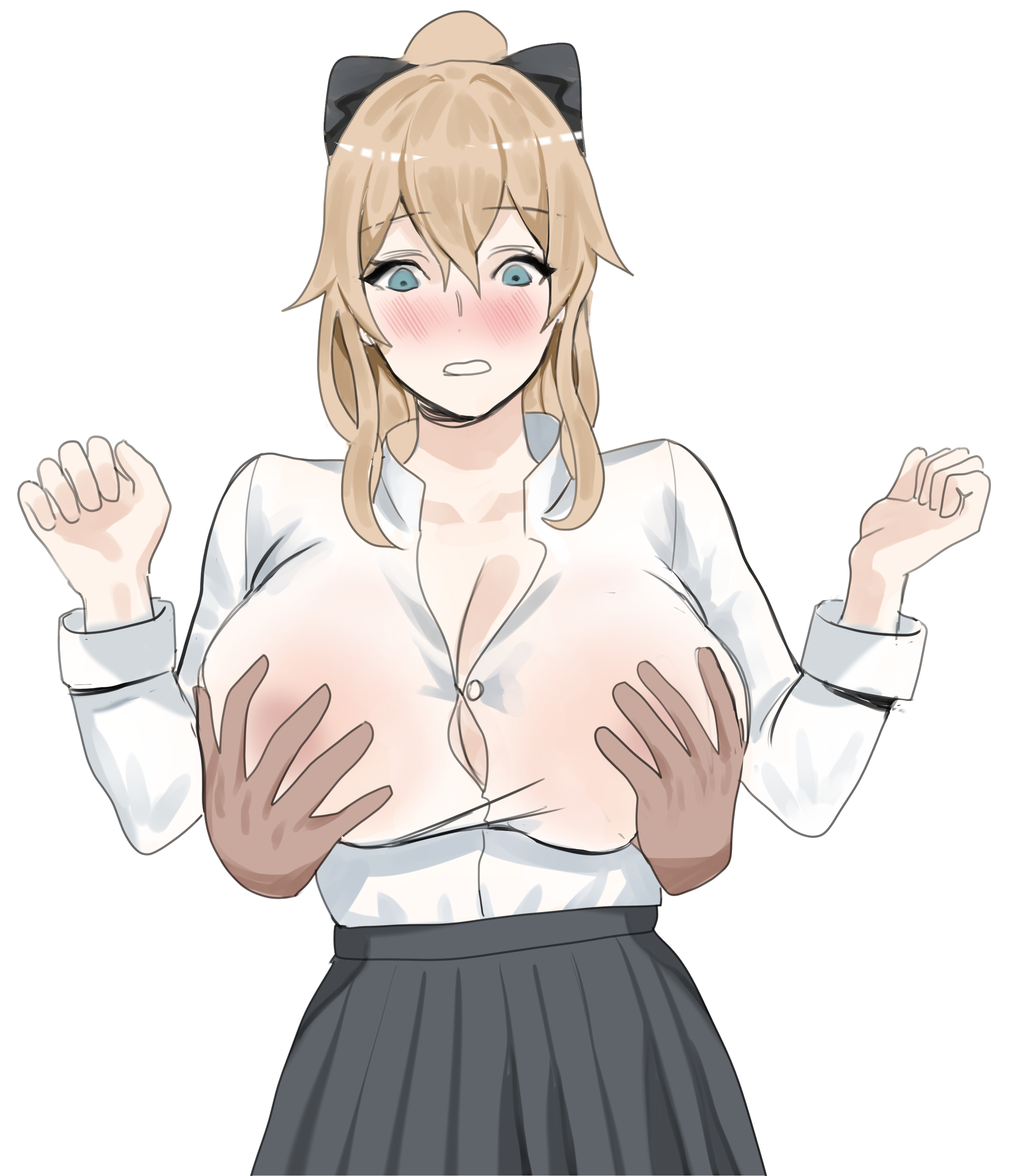 big breasts, blonde female, blue eyes, boobs grab, breasts, female, genshin impact, grope from behind, hoyoverse, jean gunnhildr, mihoyo