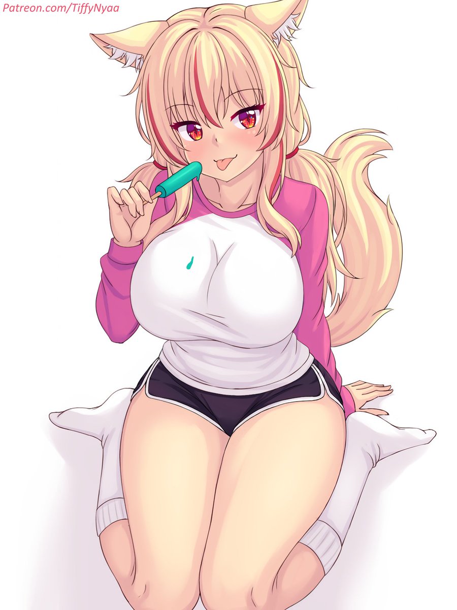 blonde hair, breasts, cat ears, catgirl, dolphin shorts, female, high socks, long sleeves, melting popsicle, nottytiffy, popsicle, popsicle melting, red eyes, red highlights, tagme, tail, tiffy, tiffynyaa, tongue out