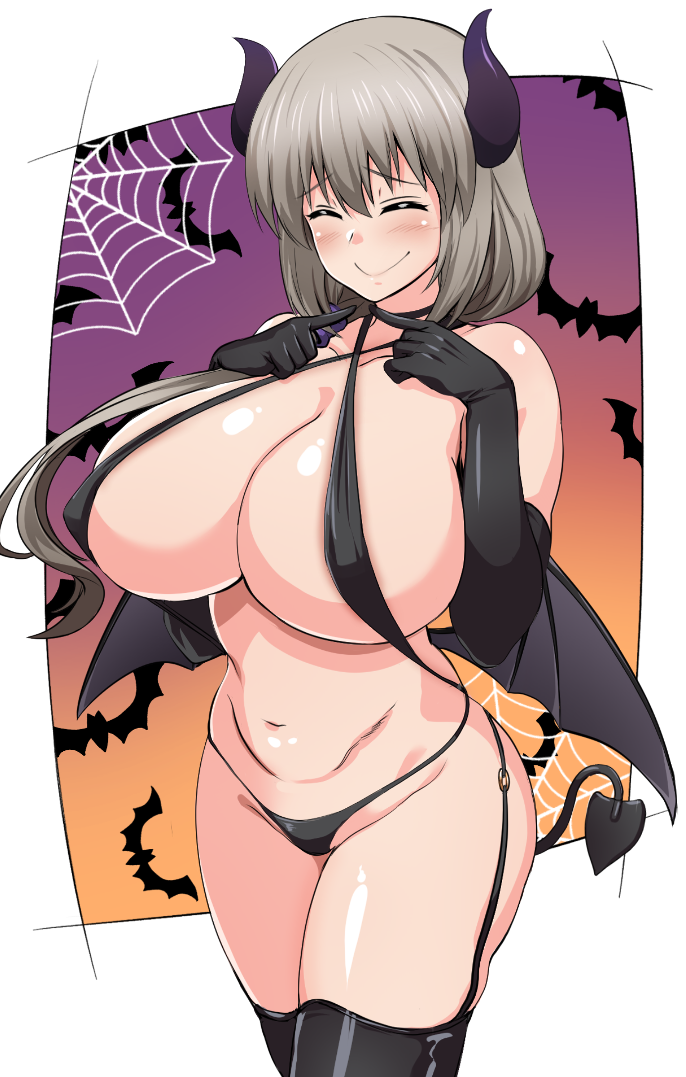 1girls, armwear, big breasts, black gloves, black thighhighs, breasts, cleavage, closed eyes, cute, cute female, demon horns, demon tail, elbow gloves, fake horns, fake tail, female, female only, garter straps, gloves, grey hair, hair, halloween, halloween costume, halloween theme, hips, horns, huge breasts, large breasts, legwear, maki ikazuya, mature, mature female, mature woman, milf, mother, revealing clothes, short hair, skimpy, skimpy clothes, smile, solo, solo female, succubus costume, tail, thick thighs, thighhighs, thighs, uzaki tsuki, uzaki-chan wa asobitai!, wings